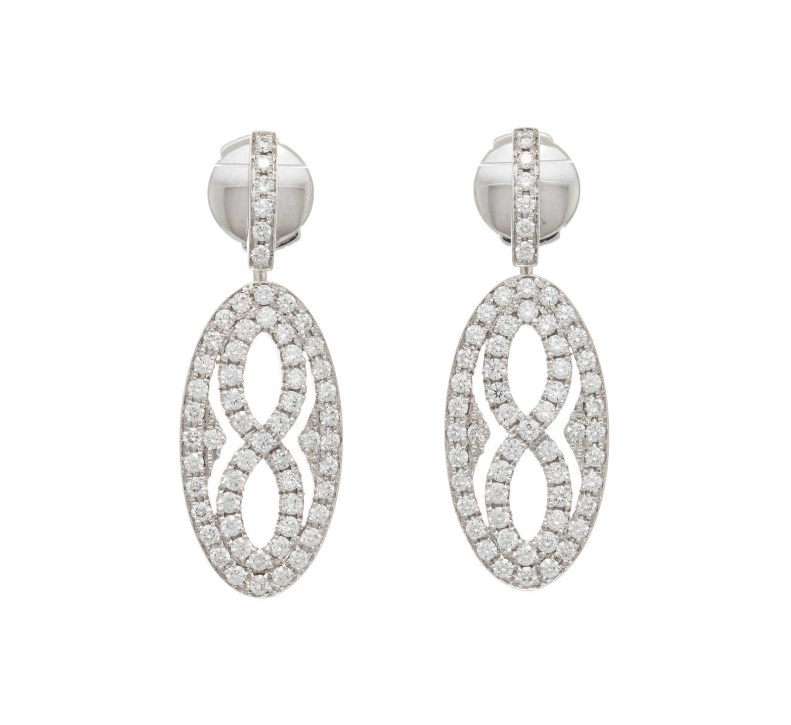 Bucherer, paire de pendants d'oreilles or gris 750 ajourés du signe de l'infini et sertis de di (1 of 4)