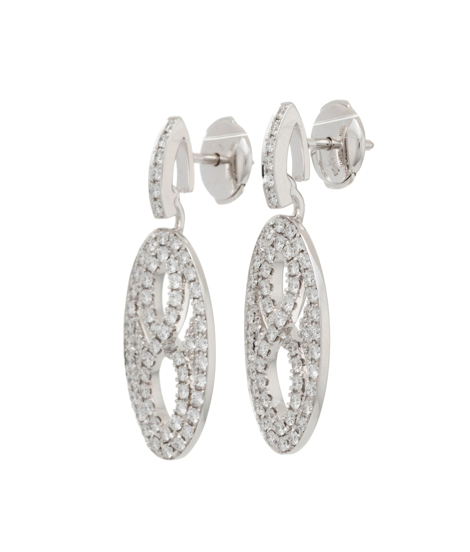Bucherer, paire de pendants d'oreilles or gris 750 ajourés du signe de l'infini et sertis de di - 2