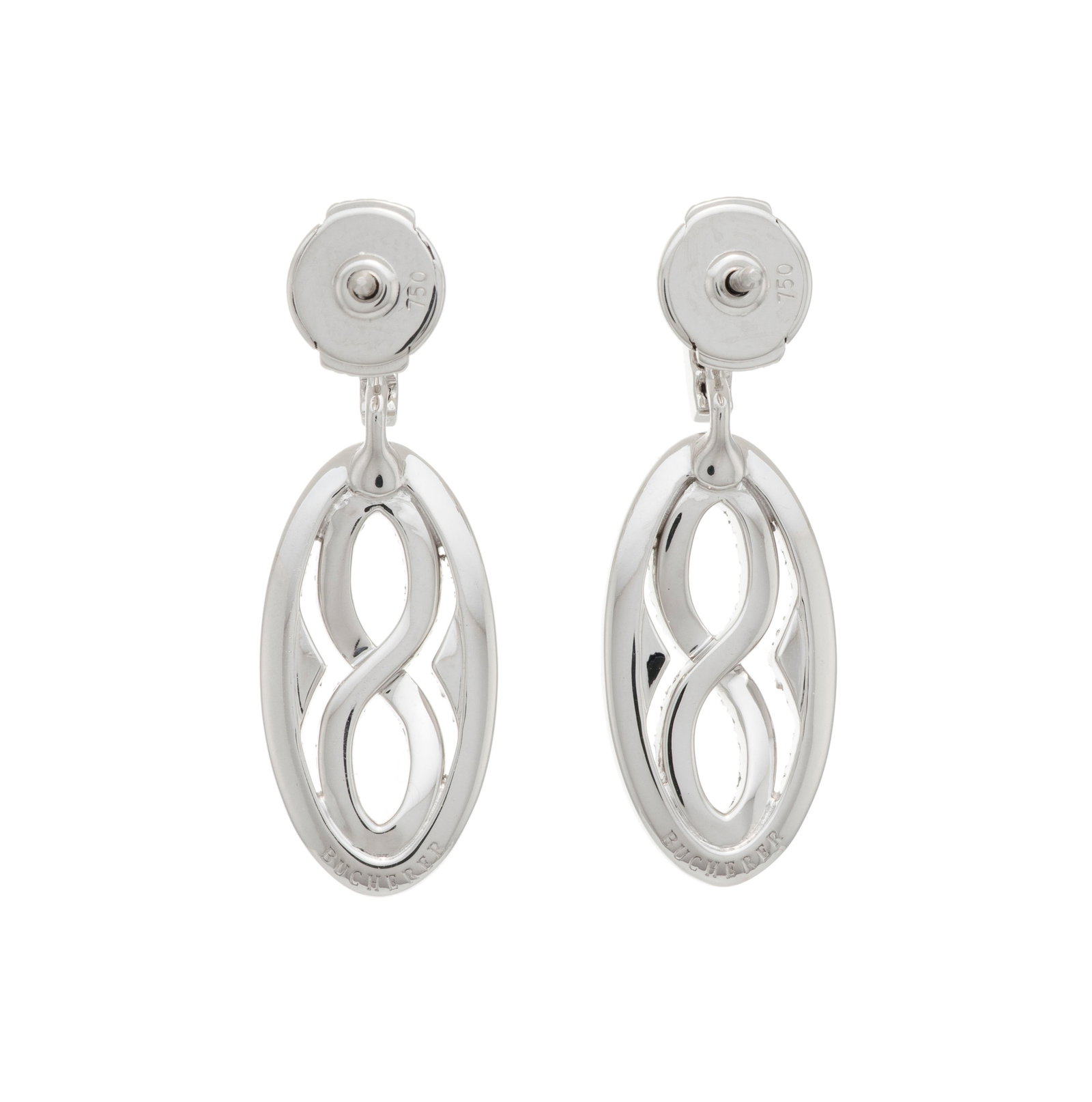 Bucherer, paire de pendants d'oreilles or gris 750 ajourés du signe de l'infini et sertis de di - 3