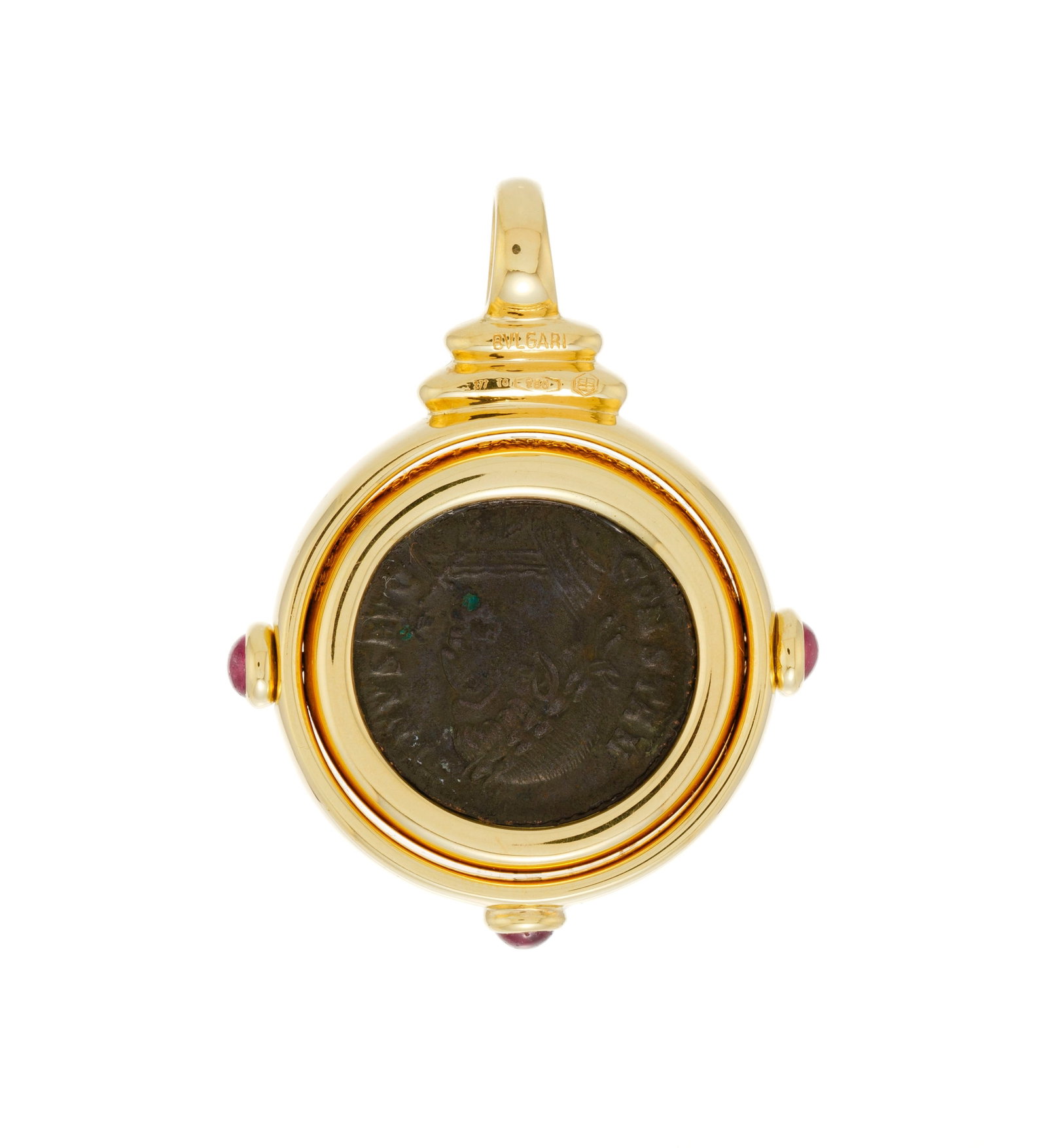 Bulgari, Monete, pendentif réversible en or 750 serti de 3 cabochons de rubis et de deux monnai - 3