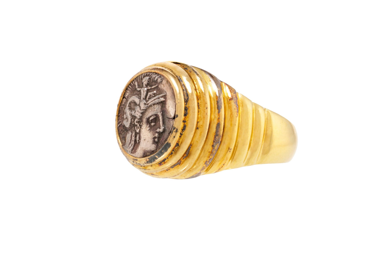 Bulgari, Monete, bague or 750 godronné ornée d'un diobole de Tarentum (Calabre) en argent  - 2