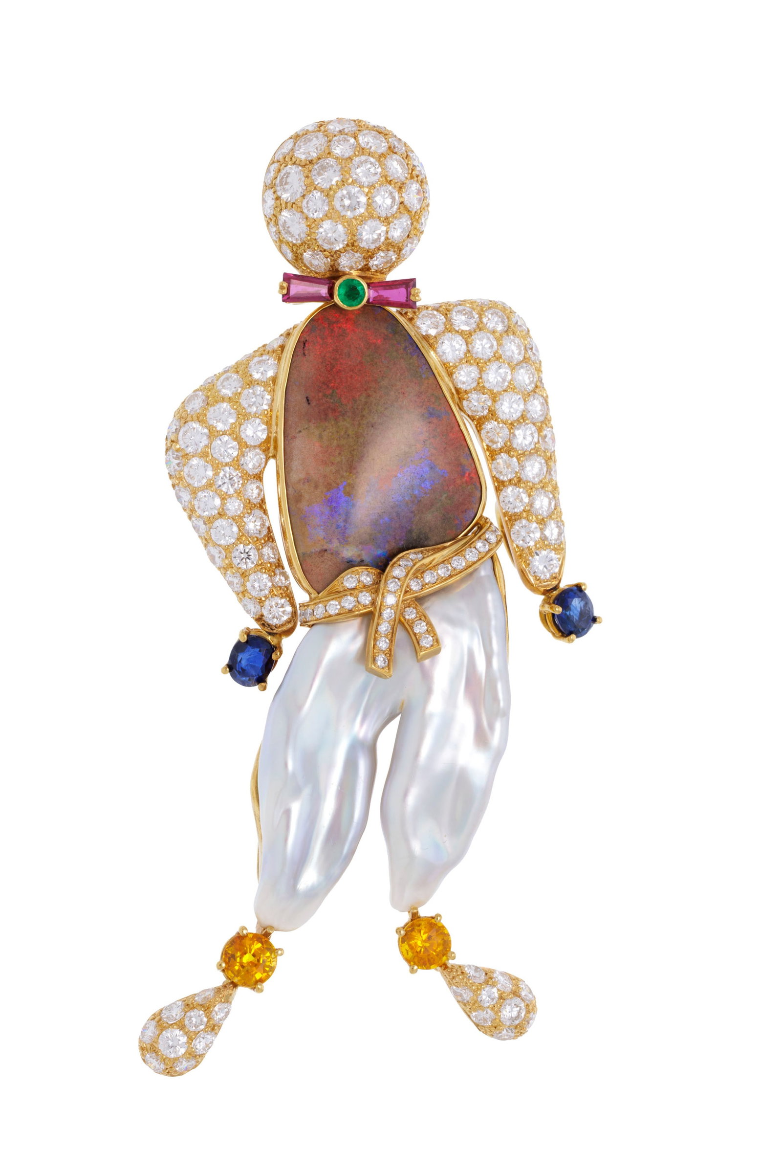 Ludwig Muller, broche or 750 stylisant un personnage formé d'une perle Keshi, d'une opale, de r: Ludwig Muller, broche or 750 stylisant un personnage formé d'une perle Keshi, d'une opale, de rubis, d'une émeraude, de saphirs, de saphirs jaunes et de diamants de différentes