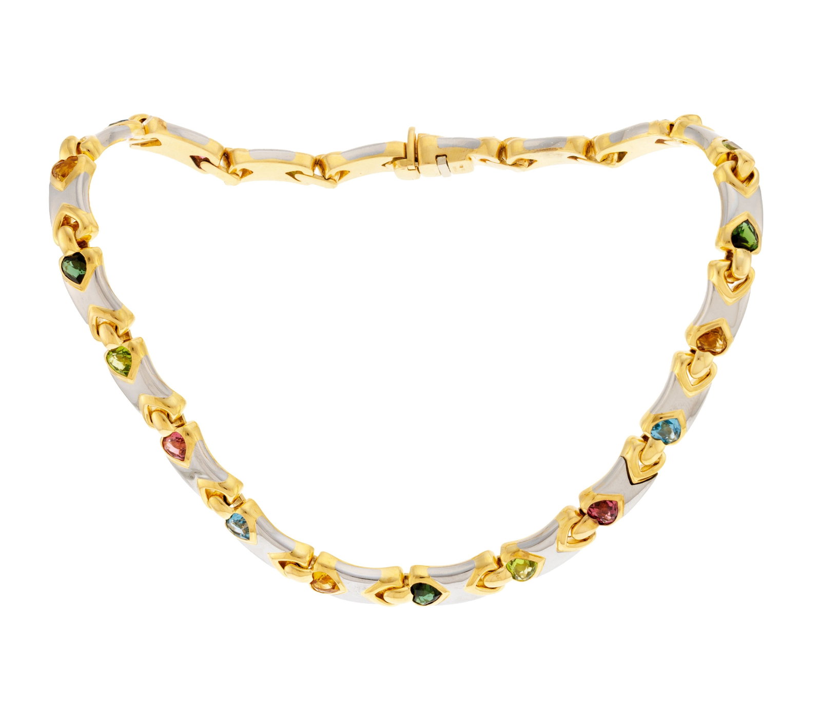 Bulgari, collier or 750 et acier serti de tourmalines, citrines, topazes et péridots taille c&#: Bulgari, collier or 750 et acier serti de tourmalines, citrines, topazes et péridots taille cœur, long. 36 cm, 122g Condition Monture: Bon état de conservation général.