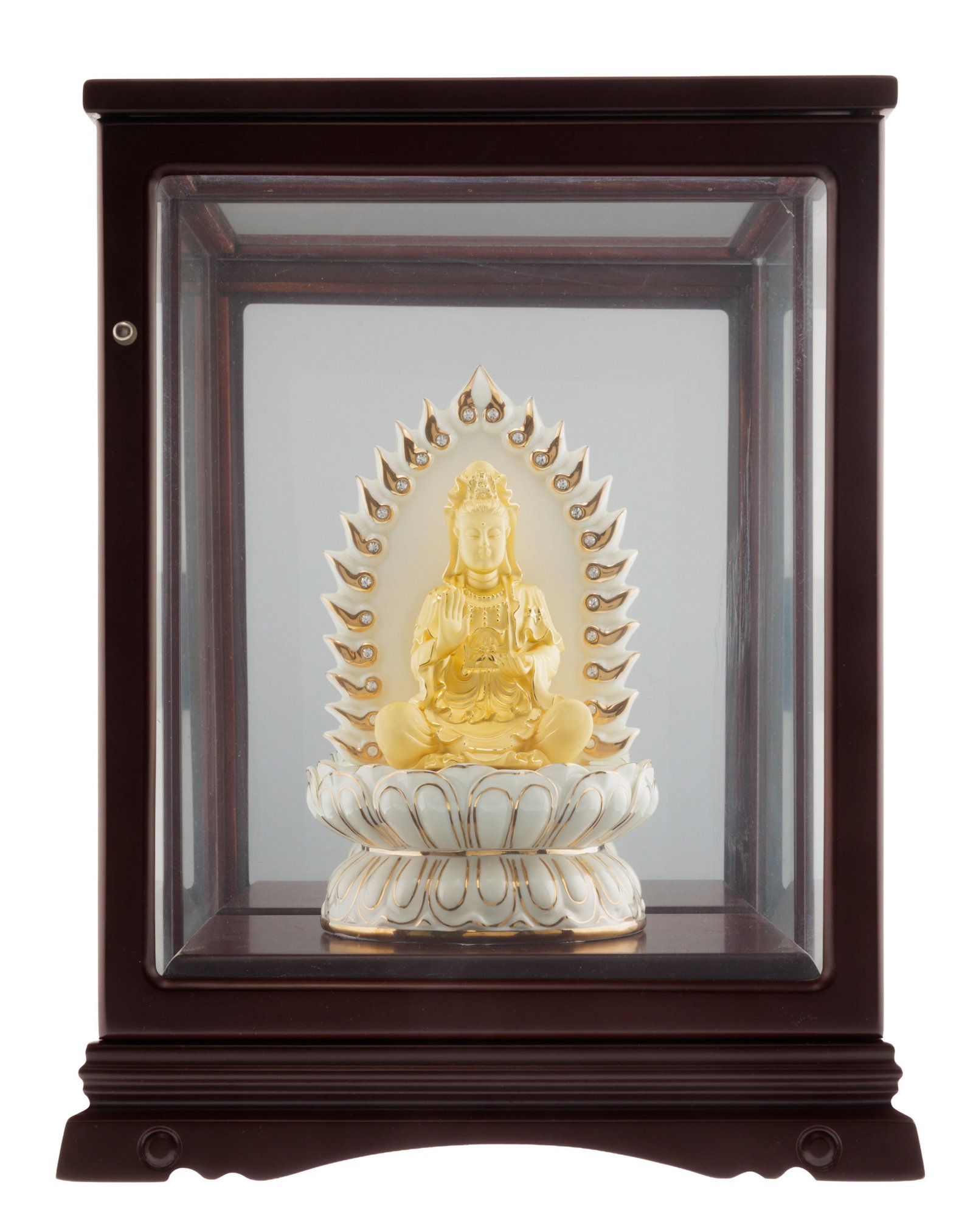 Statue de Guanyin en or 999 sablé, la main droite en abhaya mudra et portant une effigie d'Amit (1 of 4)