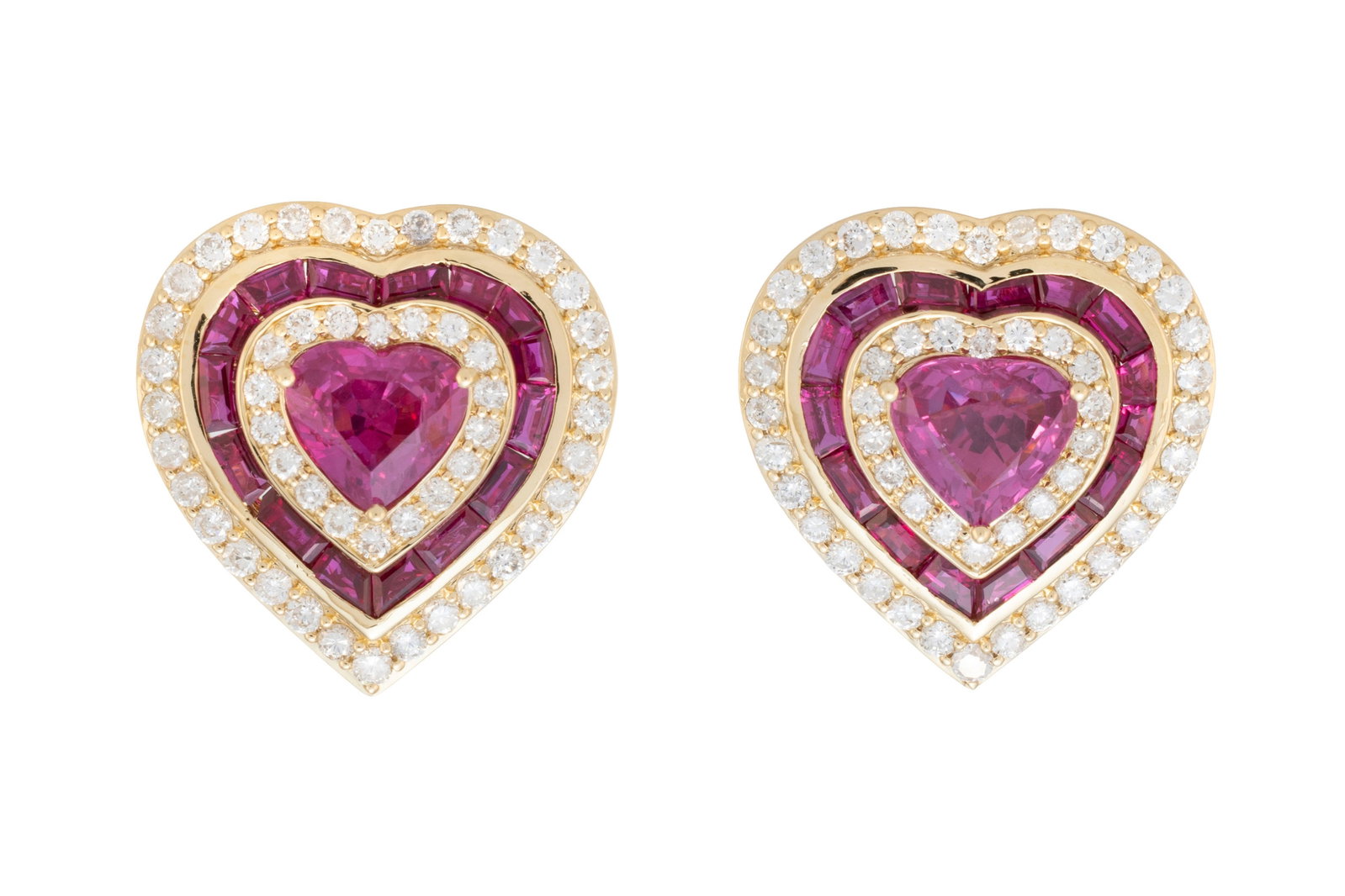 Paire de boucles d'oreilles or 750 serties de deux rubis du Mozambique taille cœur (env. 2 cara (1 of 6)