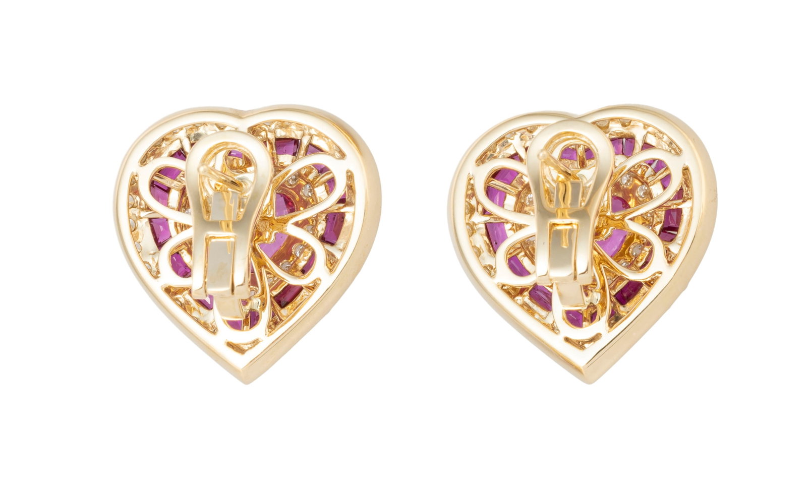 Paire de boucles d'oreilles or 750 serties de deux rubis du Mozambique taille cœur (env. 2 cara - 3