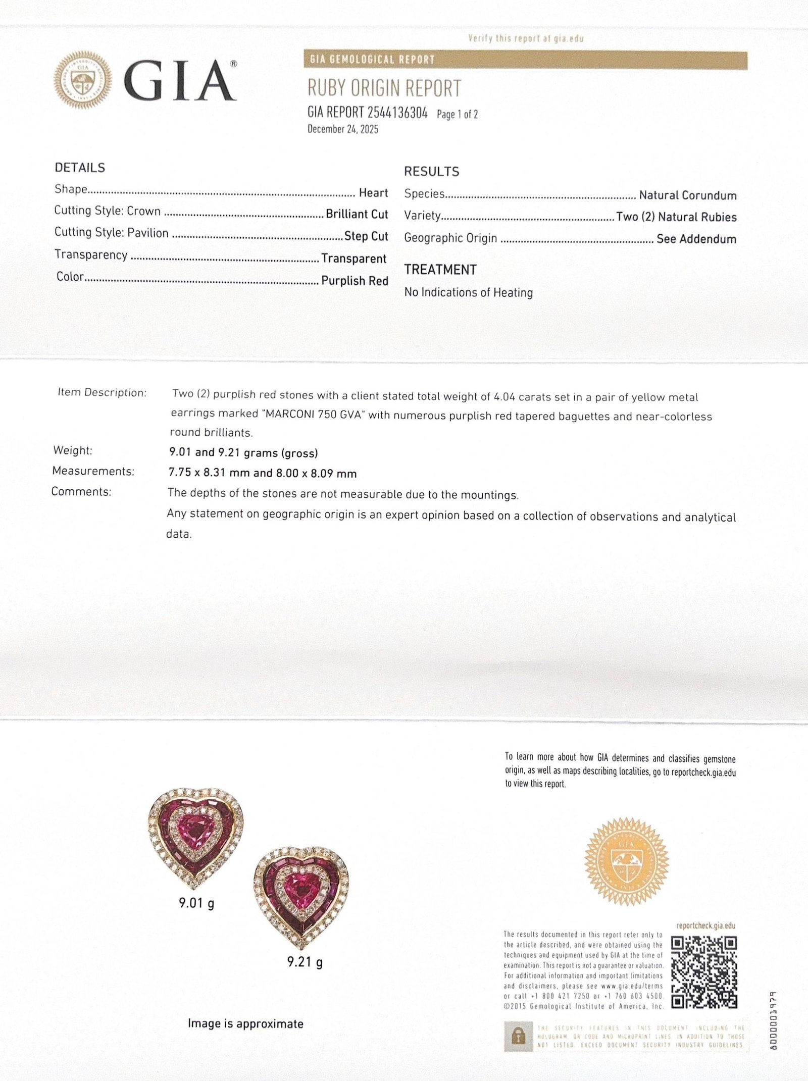 Paire de boucles d'oreilles or 750 serties de deux rubis du Mozambique taille cœur (env. 2 cara - 6