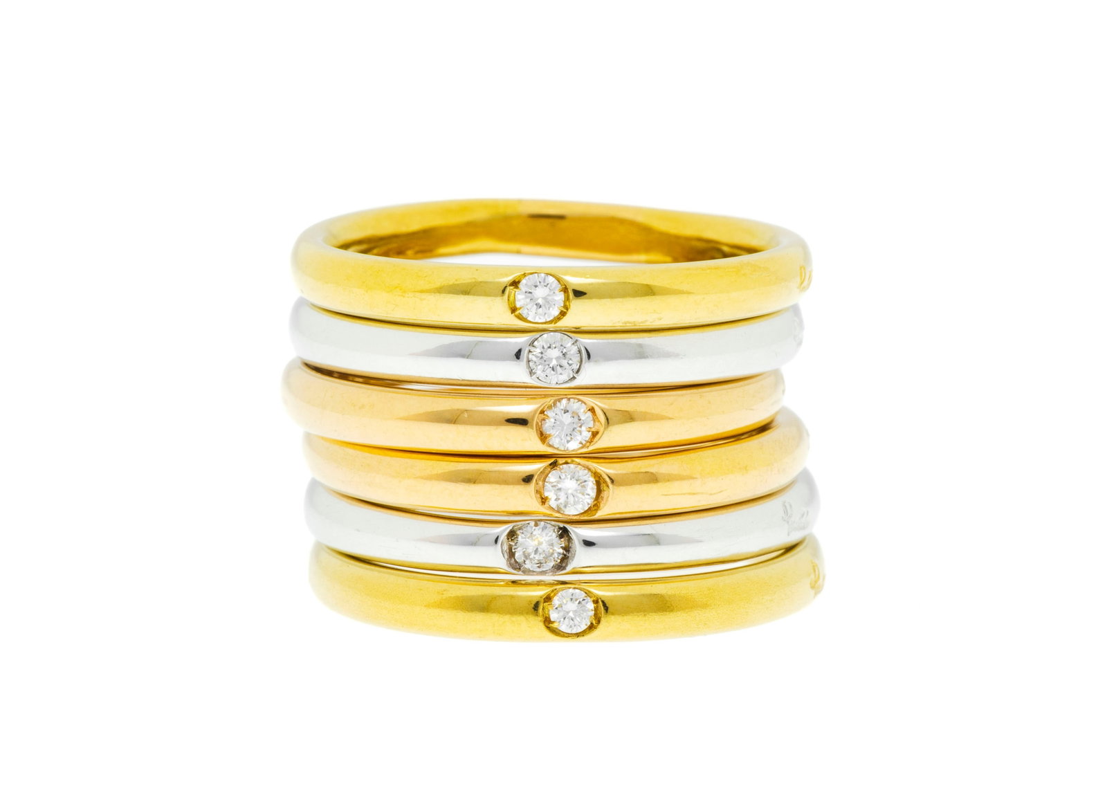 Pomellato, lot de 6 bagues joncs or 750 serties de 6 diamants taille brillant, signées, doigt 5 (1 of 3)