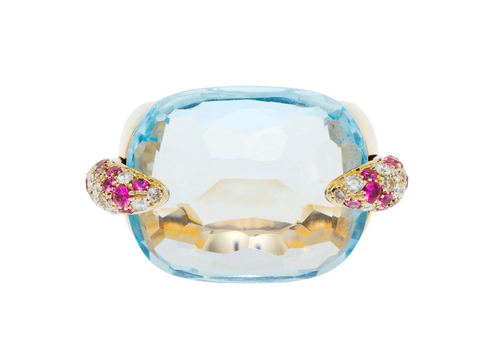 Pomellato, Pin-up, bague or 750 sertie d'une aigue-marine facettée retenue par deux griffes pav: Pomellato, Pin-up, bague or 750 sertie d'une aigue-marine facettée retenue par deux griffes pavées de saphirs roses et de diamants taille brillant, signée, doigt 52-12, 29g Condition