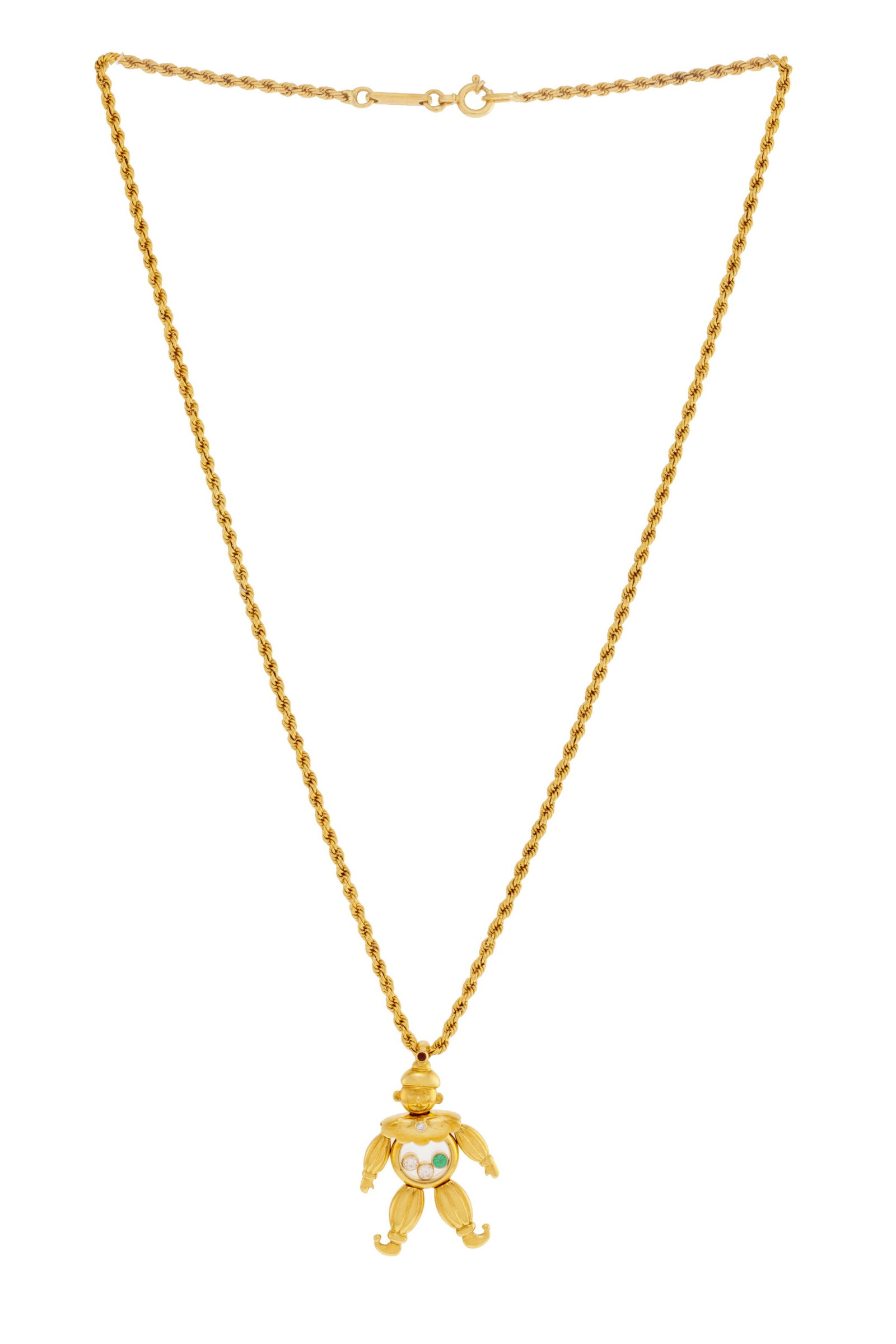 Chopard, Happy Diamonds, pendentif pantin articulé or 750 serti d'un rubis, d'une émeraude: Chopard, Happy Diamonds, pendentif pantin articulé or 750 serti d'un rubis, d'une émeraude et de diamants taille brillant dont 3 mobiles entre deux plaques de verre, sur sa chaîne en or