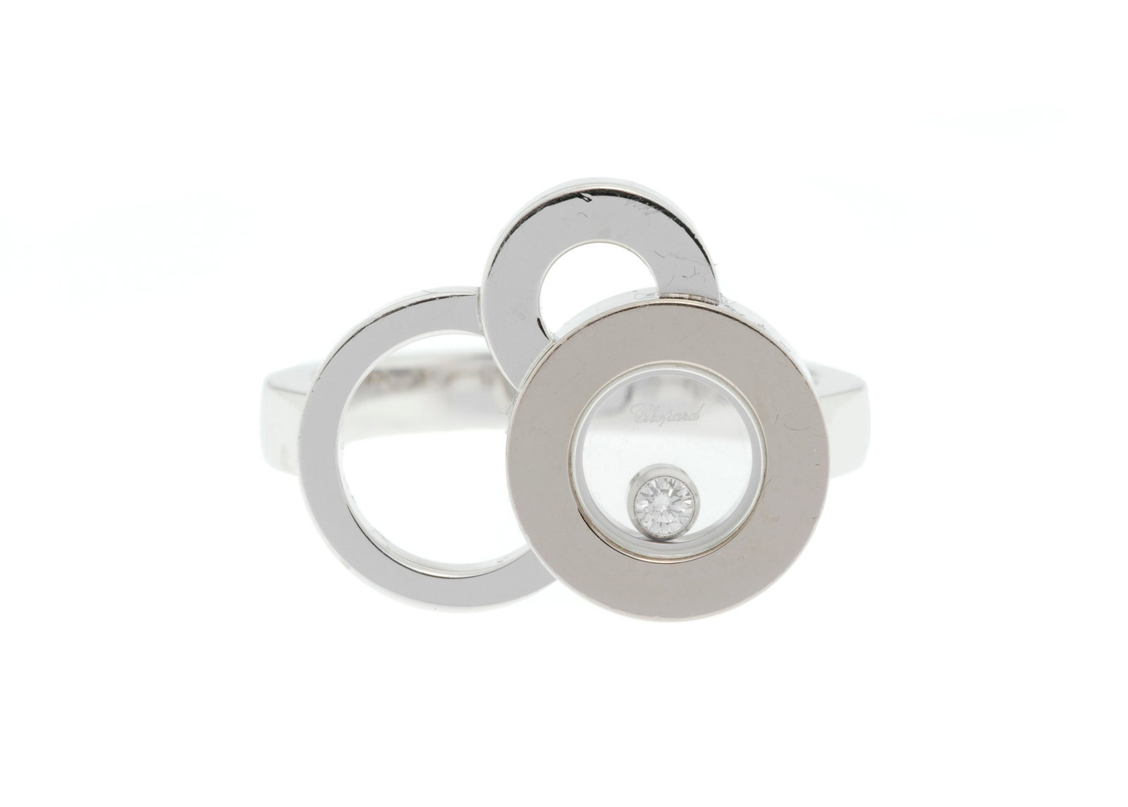 Chopard, Happy Diamond, bague or gris 750 ajouré et ornée d'un diamant mobile entre deux p (1 of 4)