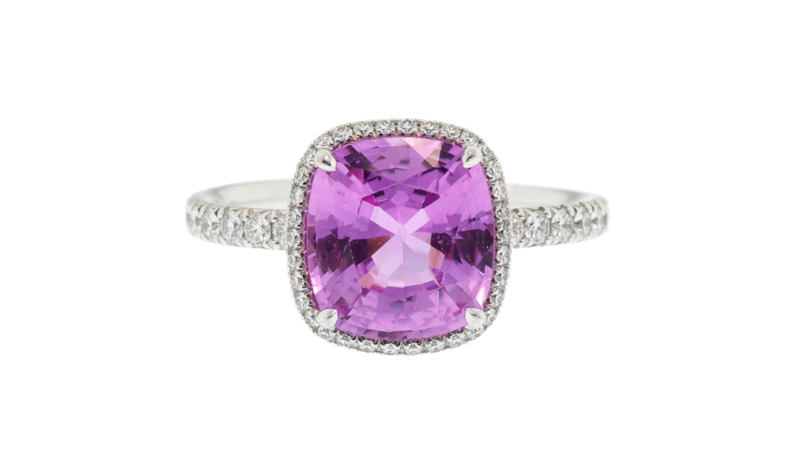 Bague or gris 750 sertie d'un saphir rose taille coussin entouré de diamants taille brillant, d (1 of 4)