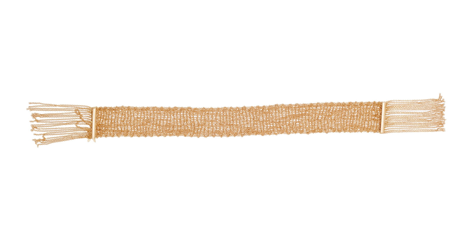 Boucheron, bracelet or rose 750 formé d'une multitude de chaînettes attachées les une: Boucheron, bracelet or rose 750 formé d'une multitude de chaînettes attachées les unes aux autres, signé, numéroté E54416, long. 18.5 cm, 30g Condition Très bon