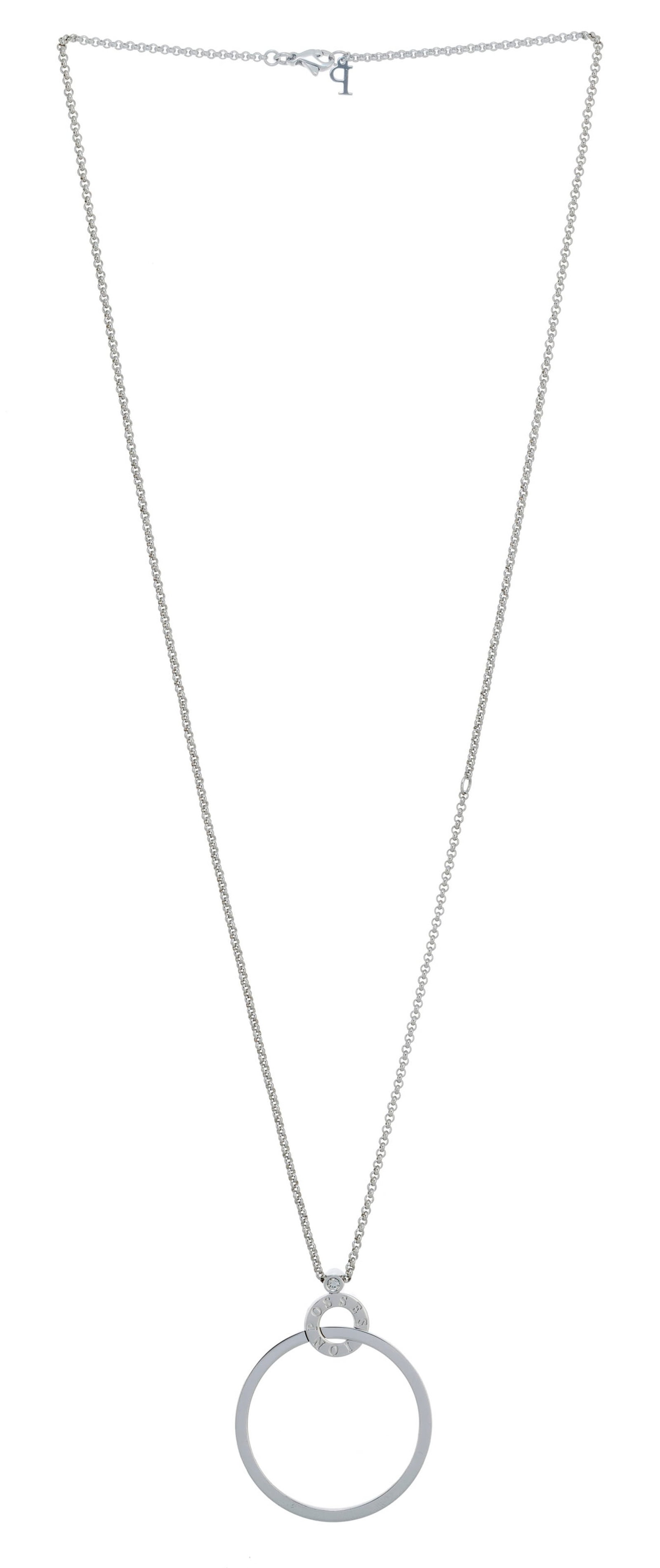 Piaget, Possession, collier or gris 750 à motifs de cercles entrelacés et serti d'un diama: Piaget, Possession, collier or gris 750 à motifs de cercles entrelacés et serti d'un diamant taille brillant sur sa chaîne à maille forçat ronde, signé,