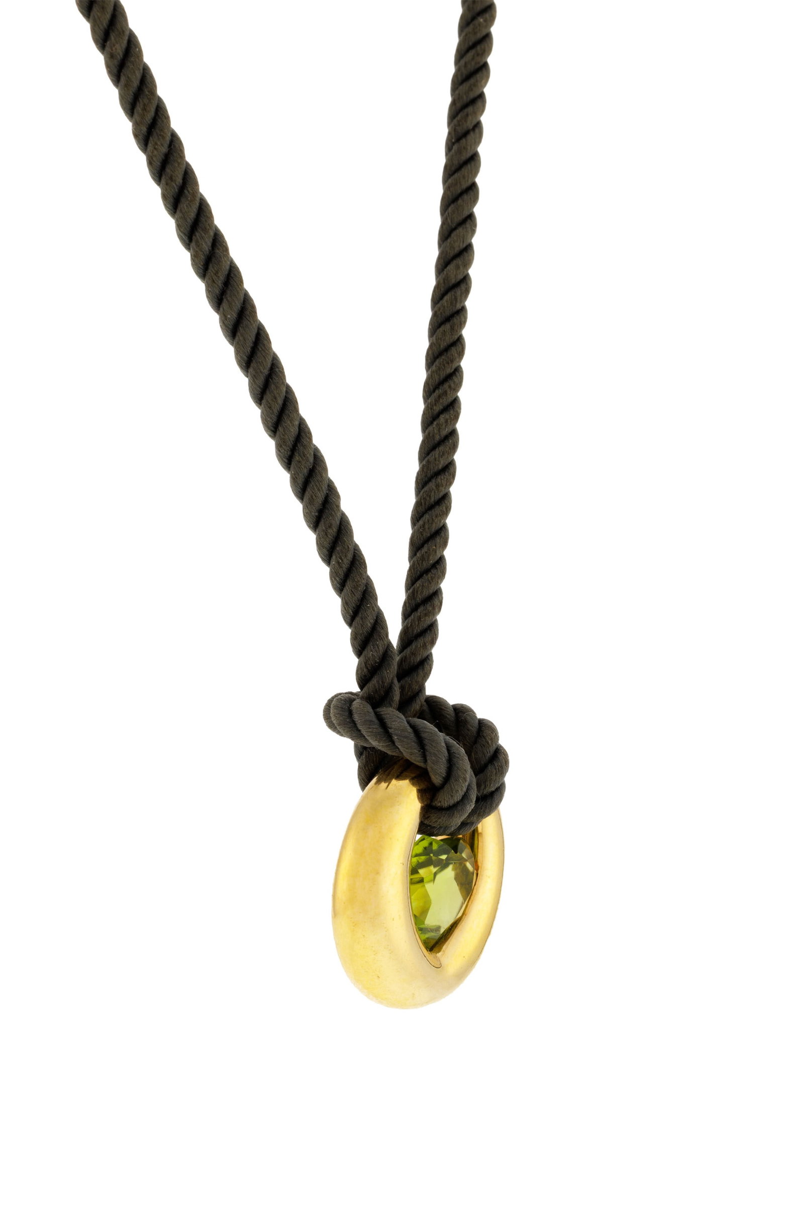 Bucherer, pendentif or 750 serti d'un péridot taille cœur, sur son cordon en tissu kaki av - 2
