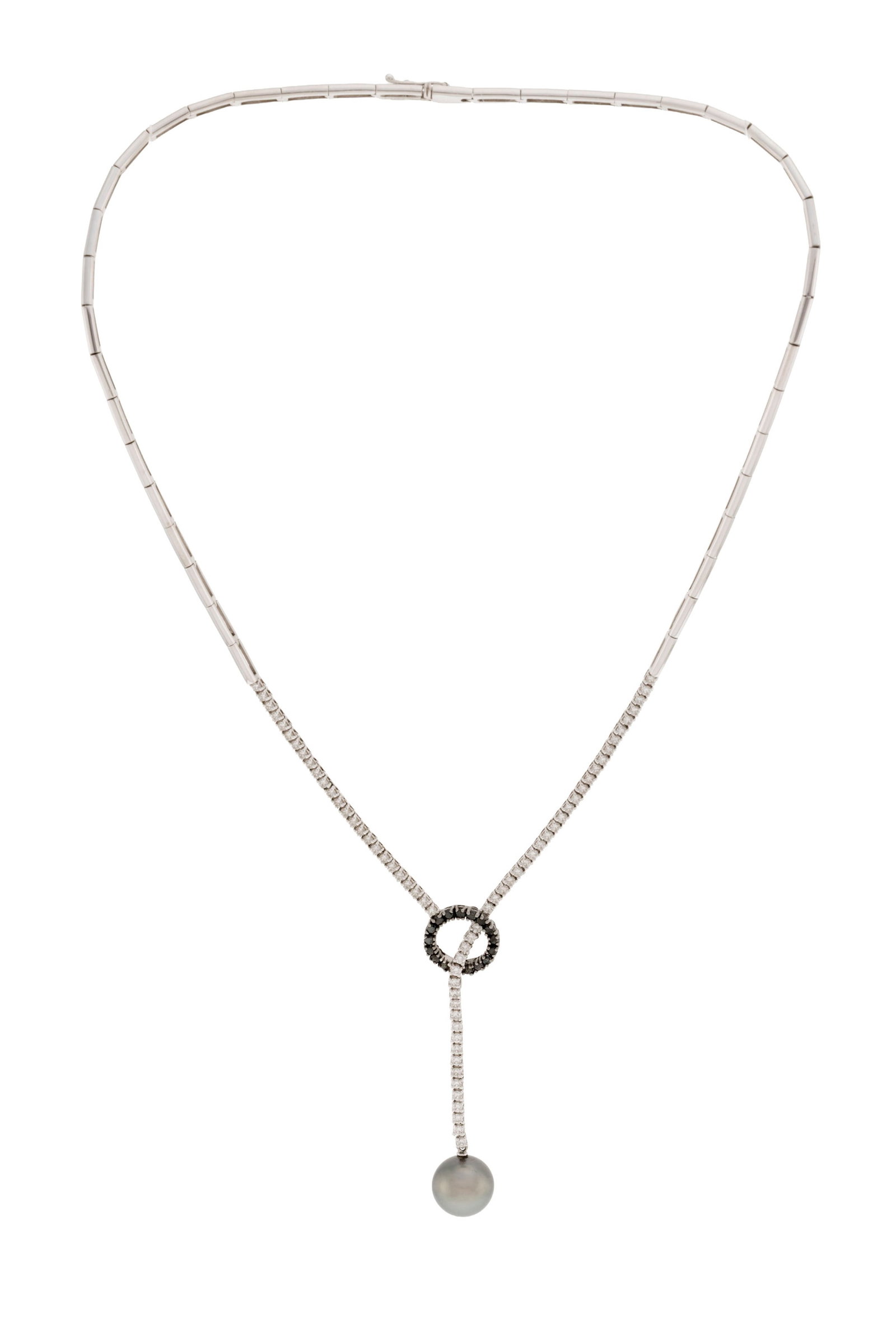 Damiani, collier or gris 750 serti de diamants et diamants noirs taille brillant retenant une perle  (1 of 4)