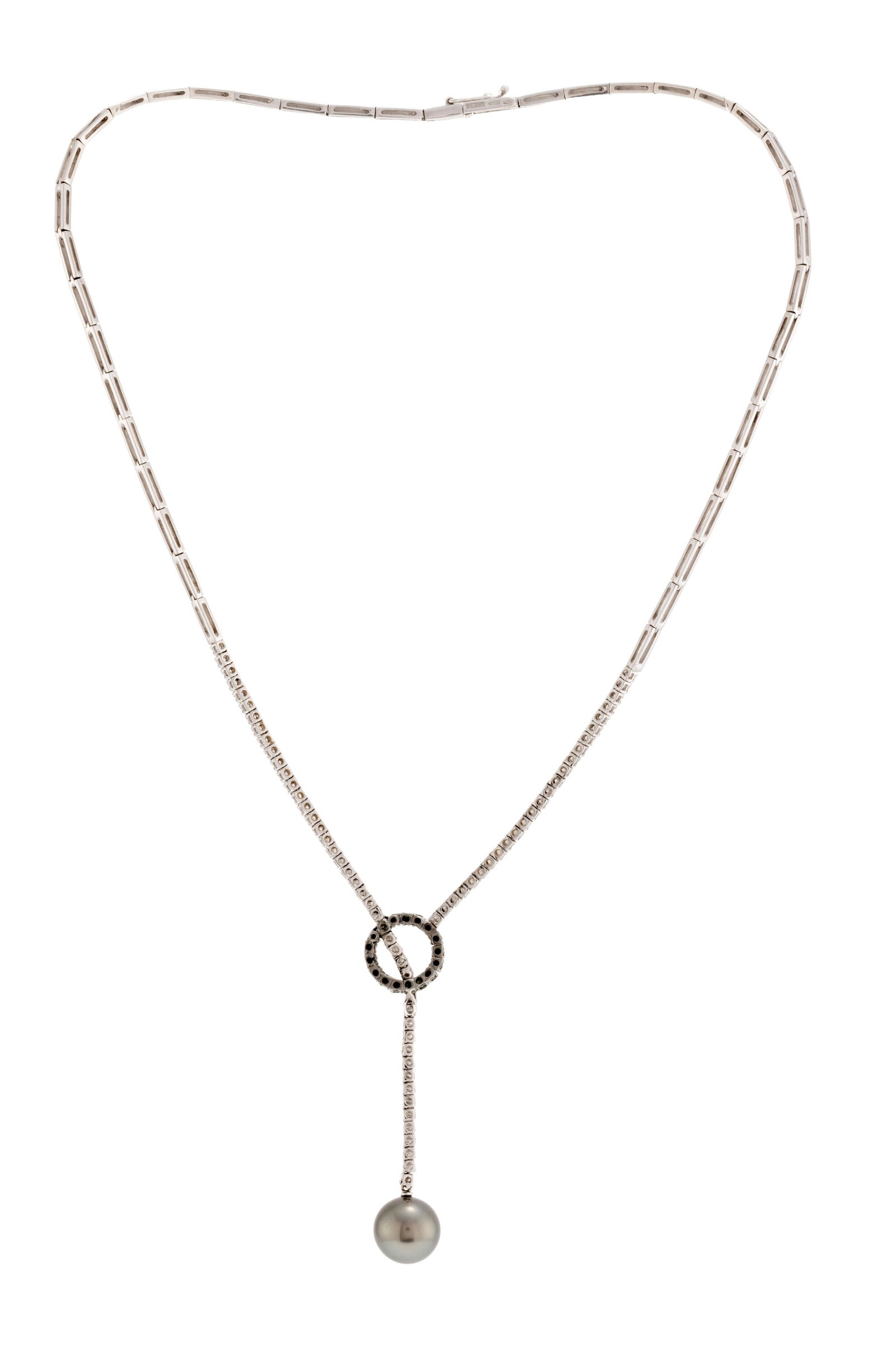 Damiani, collier or gris 750 serti de diamants et diamants noirs taille brillant retenant une perle  - 3