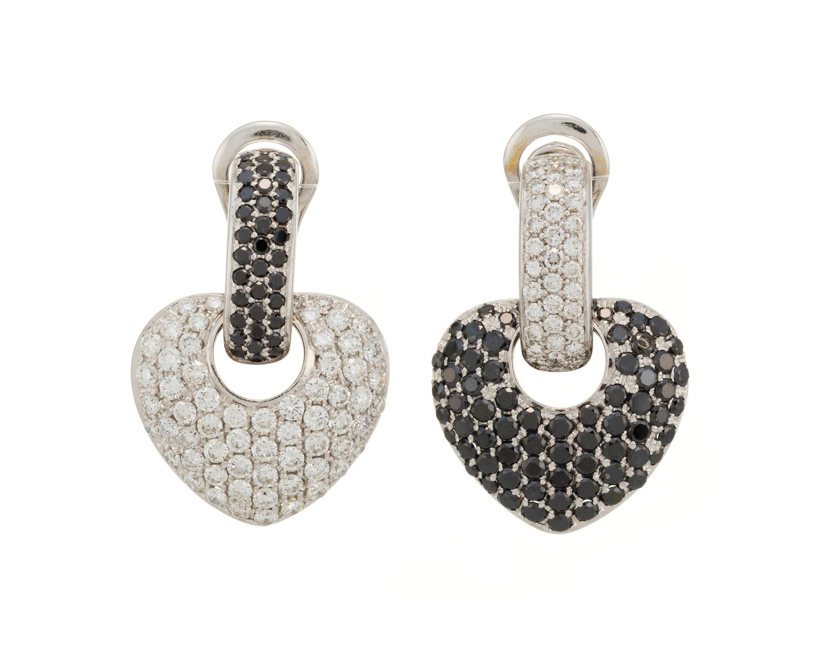 Paire de pendants d'oreilles cœurs amovibles or gris 750 pavés de diamants incolores et no (1 of 4)