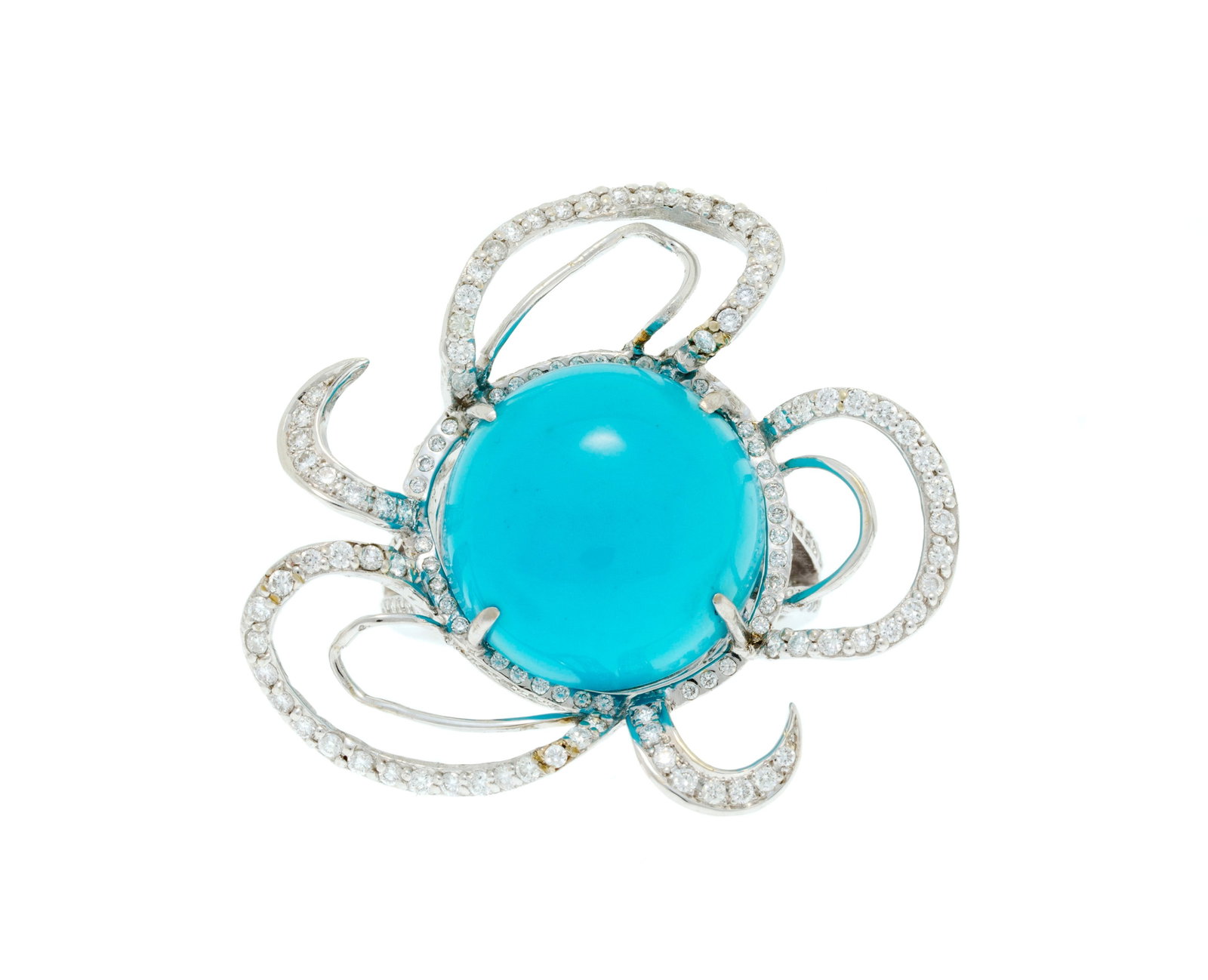 Bague fleur or gris 750 centrant un cabochon de turquoise entouré de diamants taille brillant, : Bague fleur or gris 750 centrant un cabochon de turquoise entouré de diamants taille brillant, doigt 54-14, 10g Condition Très bon état de conservation général. Présence