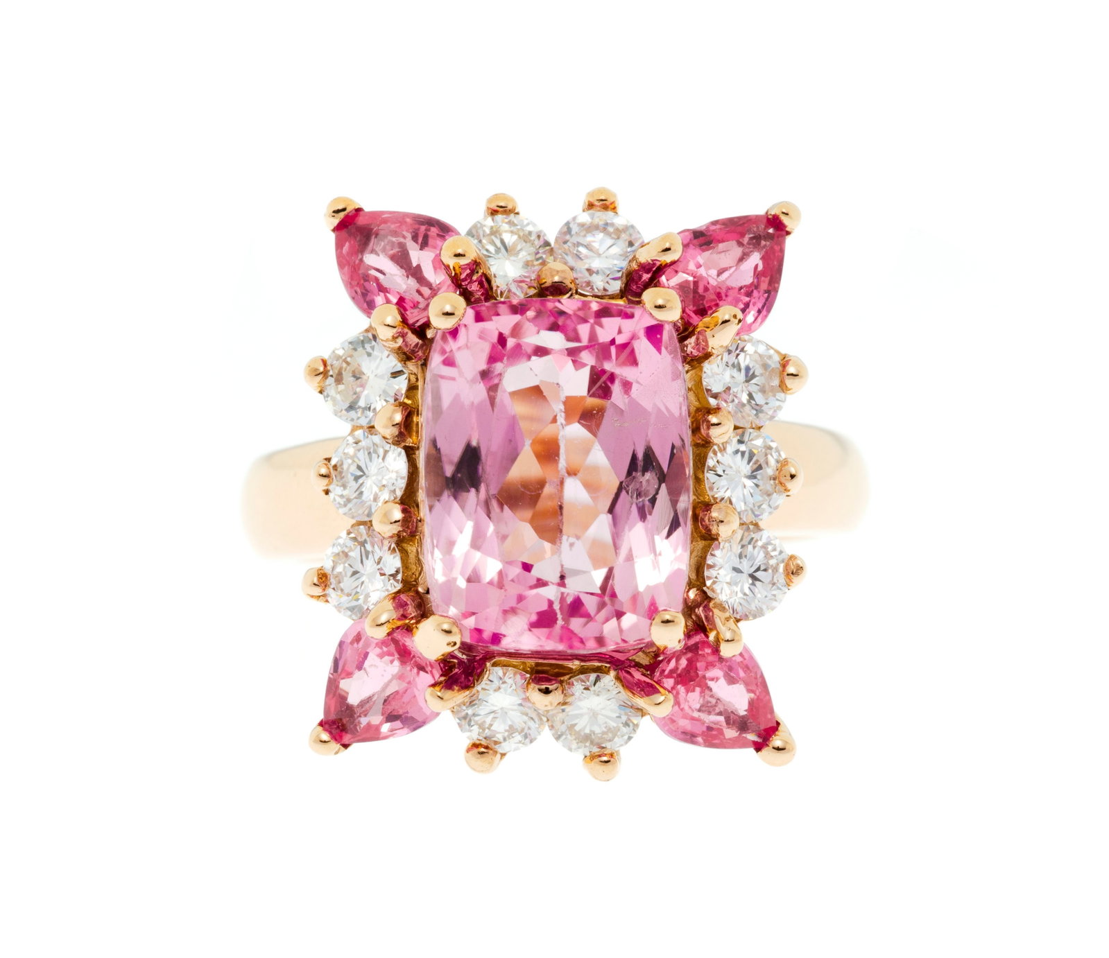 Bague or rose 750 sertie d'une kunzite taille coussin entourée de saphirs roses piriformes et d: Bague or rose 750 sertie d'une kunzite taille coussin entourée de saphirs roses piriformes et de diamants taille brillant, doigt 53-13, 8g Condition Monture: Bon état de conservation