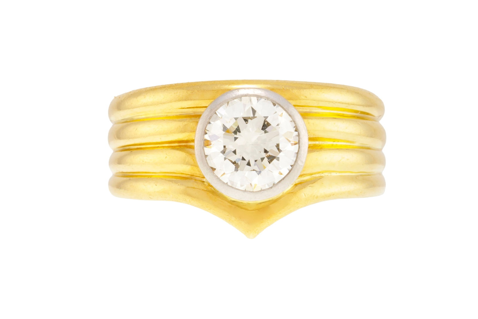 Bague or 750 godronné sertie d'un diamant taille brillant (env. 1.2 ct), doigt 55-15, 12g: Bague or 750 godronné sertie d'un diamant taille brillant (env. 1.2 ct), doigt 55-15, 12g Condition Monture: Bon état de conservation général. Présence de rayures et micro