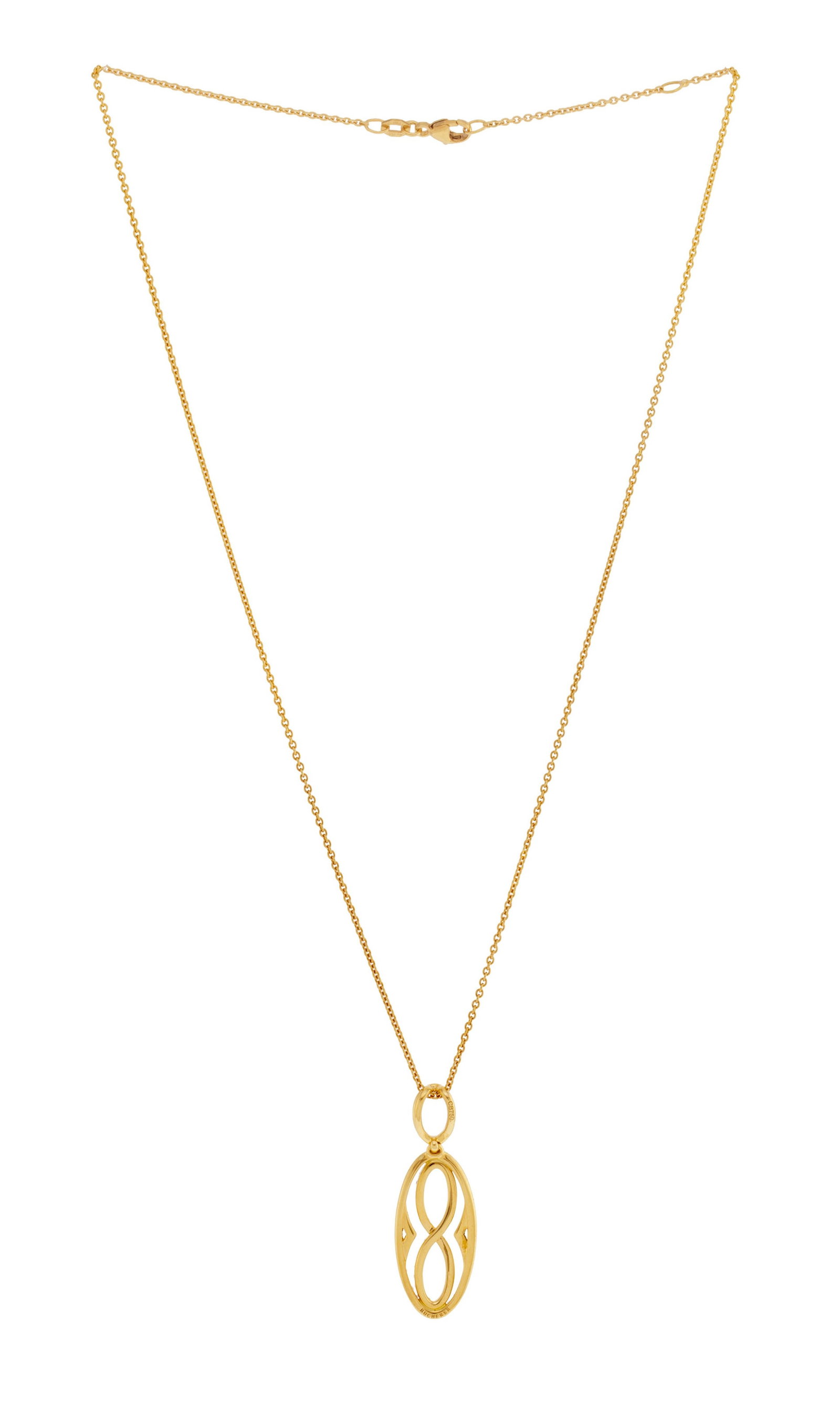 Bucherer, pendentif or 750 ajouré du symbole de l'infini serti de diamants taille brillant, sur: Bucherer, pendentif or 750 ajouré du symbole de l'infini serti de diamants taille brillant, sur sa chaîne en or 750 à maille forçat, signés, h. 3.6 cm, long. 45.5 cm, 6g
