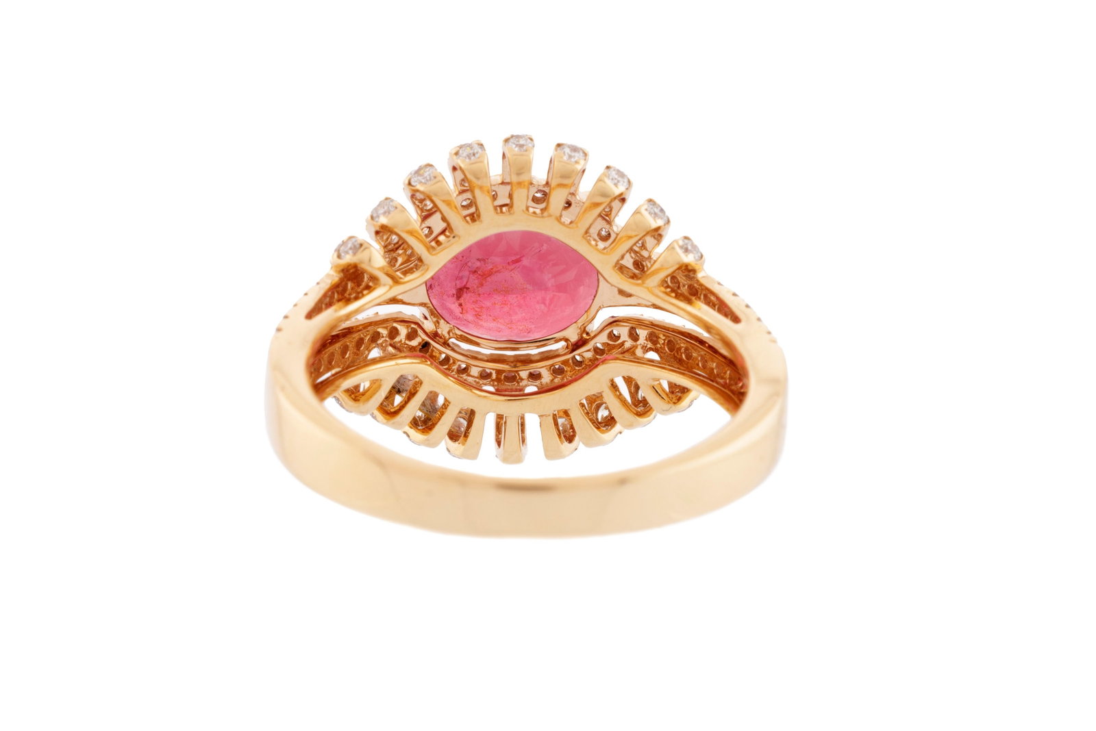 Bague or rose 750 ajouré sertie d'une tourmaline rose ovale entourée de diamants taille br - 3