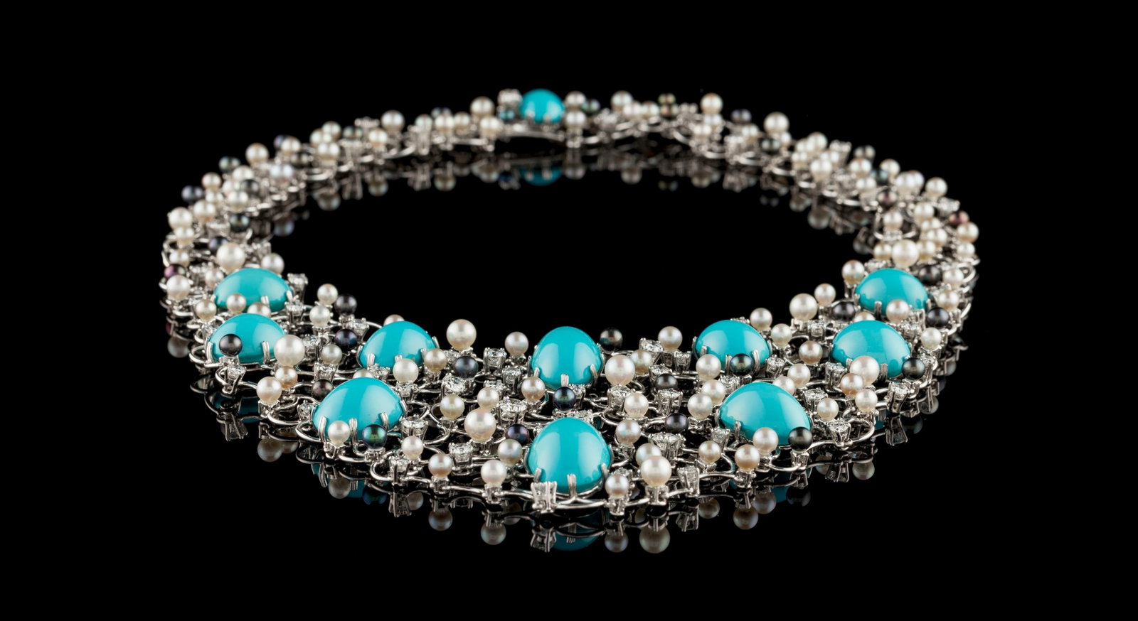 Gilbert Albert, collier platine ajouré entièrement articulé serti de cabochons de tur - 4