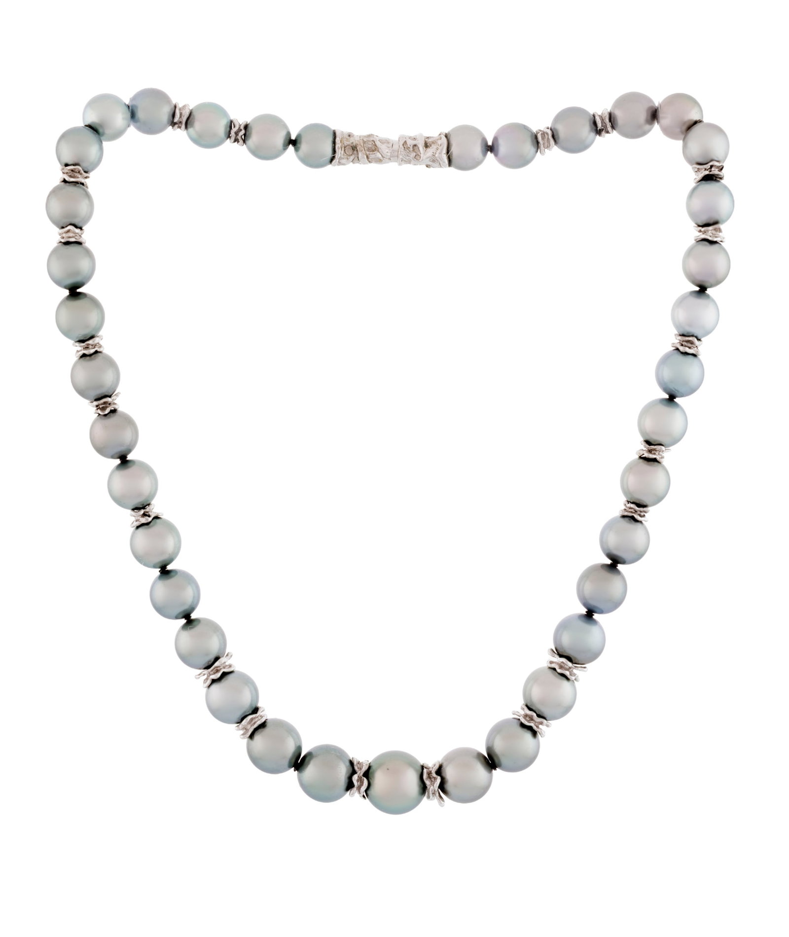 Gilbert Albert, collier composé de perles de culture de Tahiti alternées d'éléme: Gilbert Albert, collier composé de perles de culture de Tahiti alternées d'éléments en or gris 750 froissé, signé, long. 41 cm, 57g Condition Très bon état de