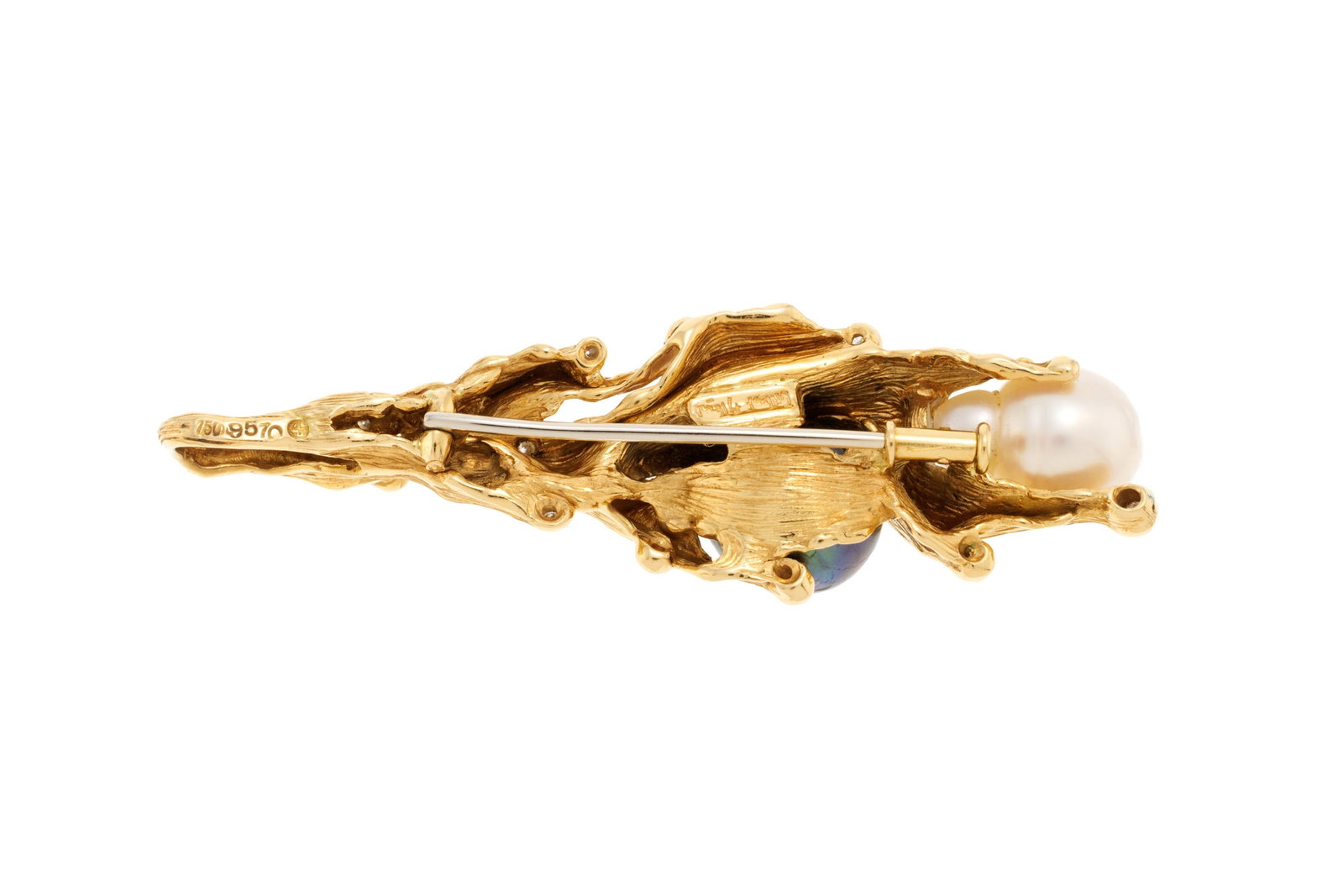 Gilbert Albert, broche-pendentif or 750 froissé enserrant des perles de culture baroques, l'une - 3