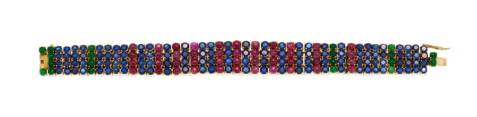 Bracelet or 585 articulé de lignes de saphirs taille rond ainsi que de cabochons de rubis, d'&#: Bracelet or 585 articulé de lignes de saphirs taille rond ainsi que de cabochons de rubis, d'émeraudes et de jade, long. 17.5 cm, 76g Condition Monture: Bon état de conservation gé