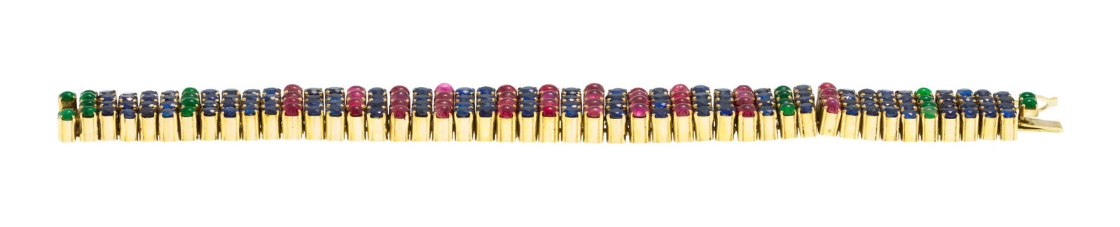 Bracelet or 585 articulé de lignes de saphirs taille rond ainsi que de cabochons de rubis, d'&# - 2
