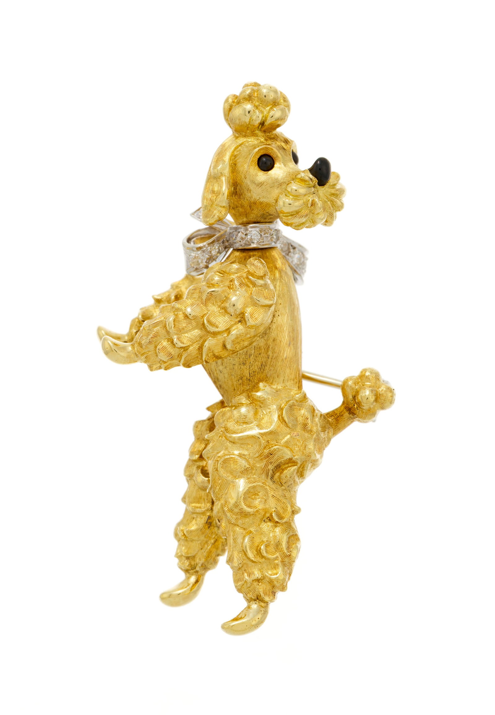 Broche caniche 2 ors 750 à motif texturé stylisant le pelage, le collier serti de diamants - 2