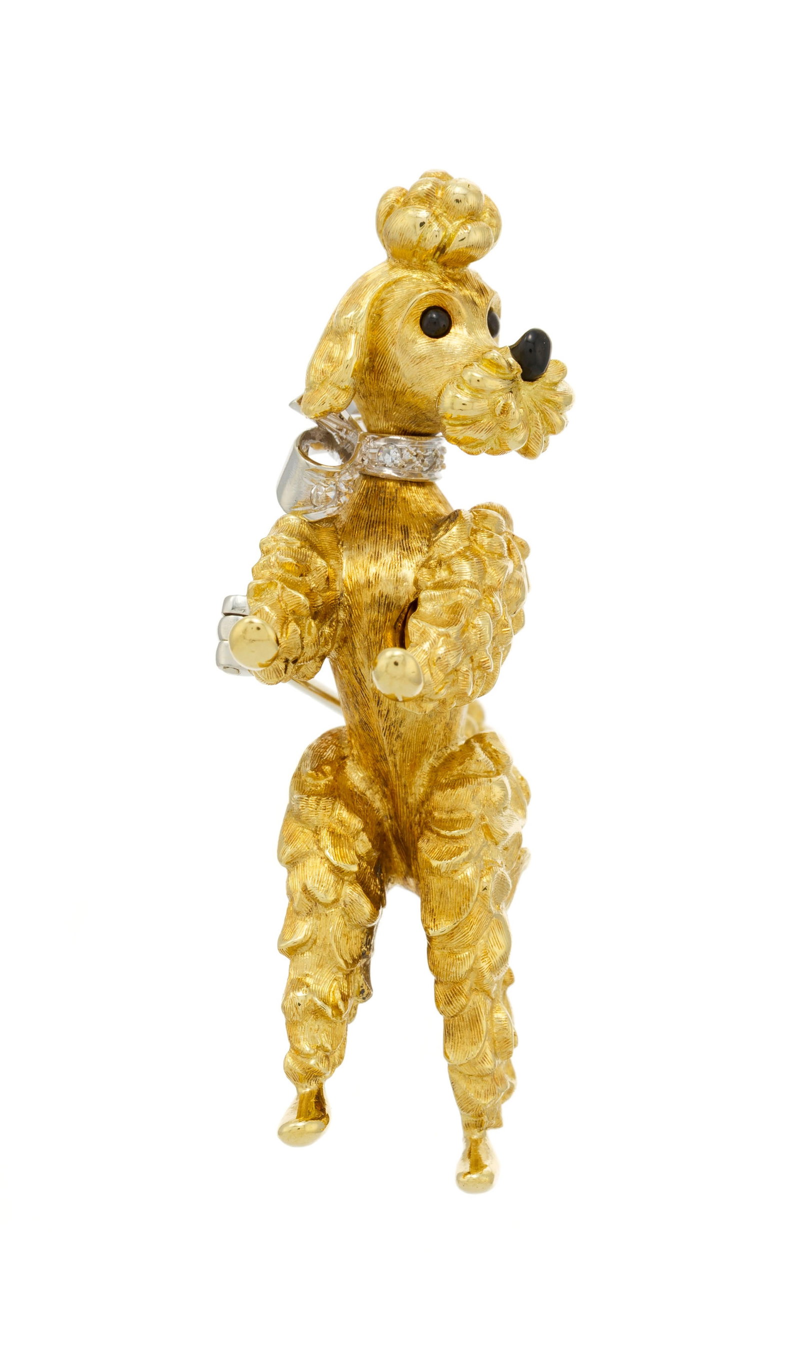 Broche caniche 2 ors 750 à motif texturé stylisant le pelage, le collier serti de diamants - 3