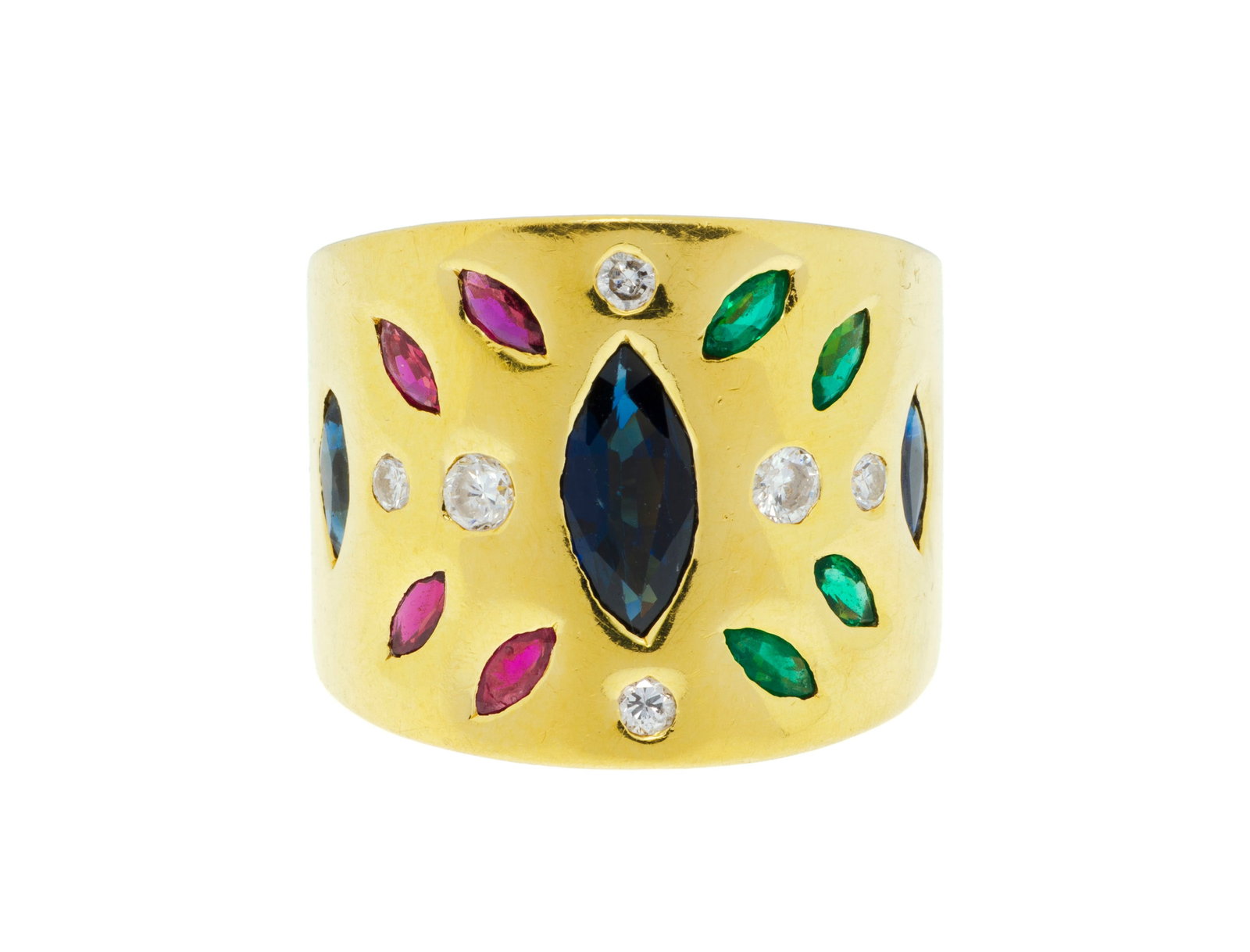 Bague or 750 sertie de saphirs, de rubis et d'émeraudes taille marquise alternés de diaman (1 of 4)