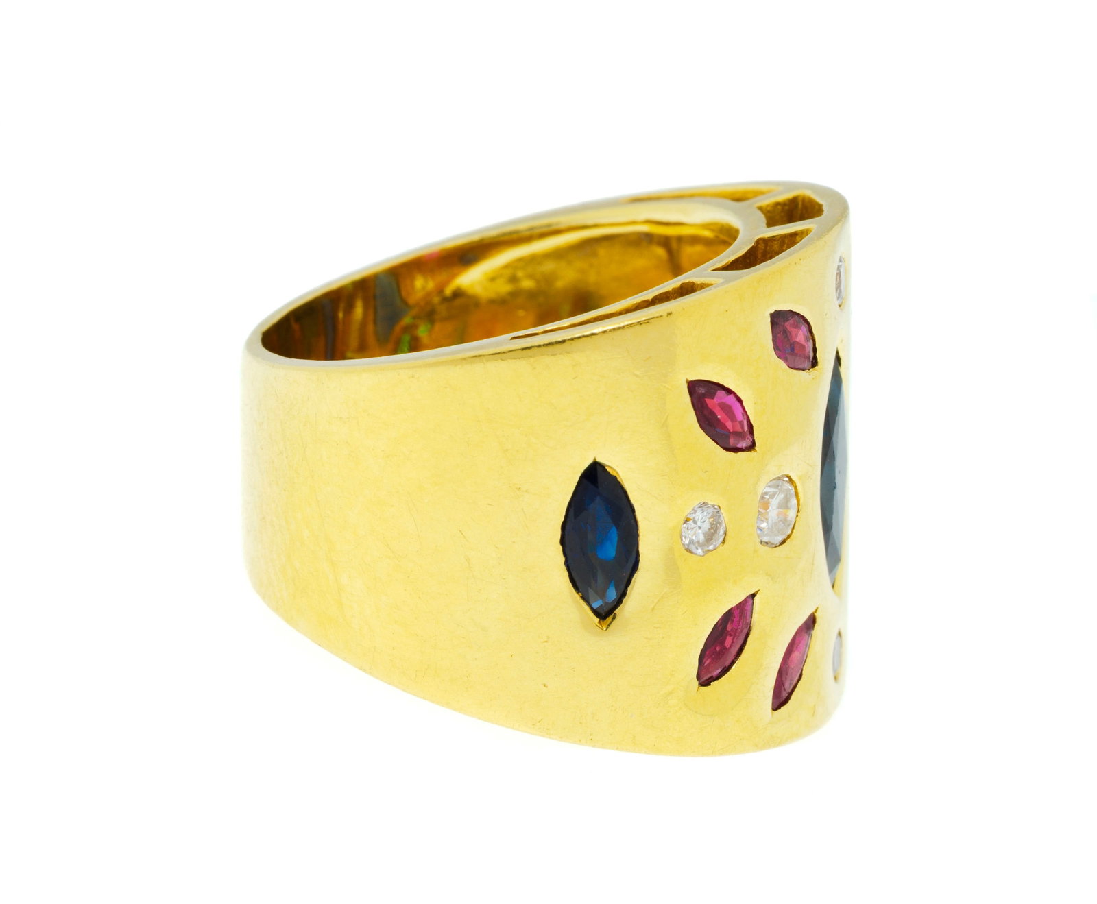 Bague or 750 sertie de saphirs, de rubis et d'émeraudes taille marquise alternés de diaman - 2