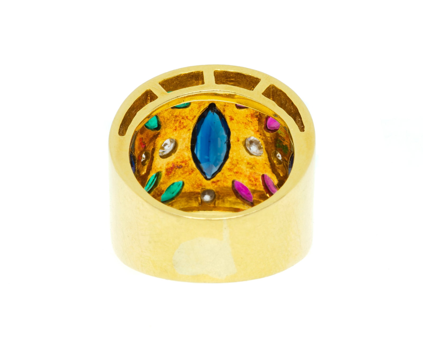 Bague or 750 sertie de saphirs, de rubis et d'émeraudes taille marquise alternés de diaman - 3