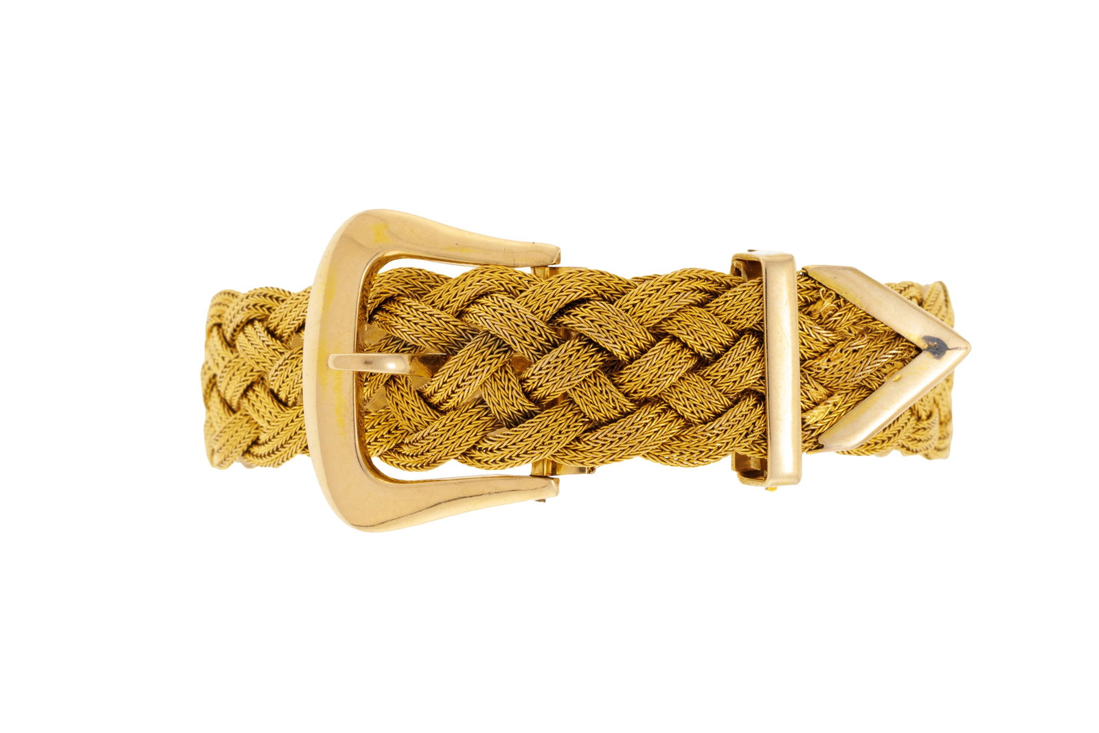 Bracelet ceinture or 585 à motif tressé, long. ajustable, 18g: Bracelet ceinture or 585 à motif tressé, long. ajustable, 18g Condition Bon état de conservation général. Légères déformations aux maillons. Deux fils