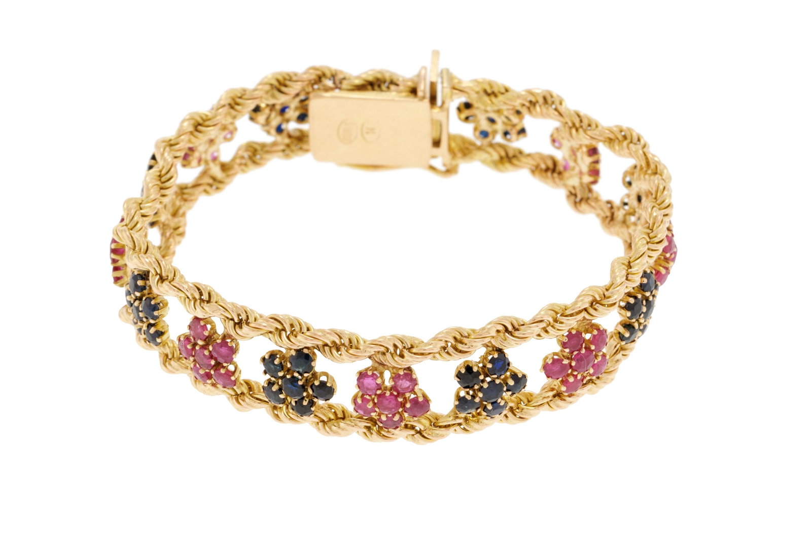 Bracelet or 585 tressé formé d'une rangée de fleurettes serties de saphirs et rubis t - 2