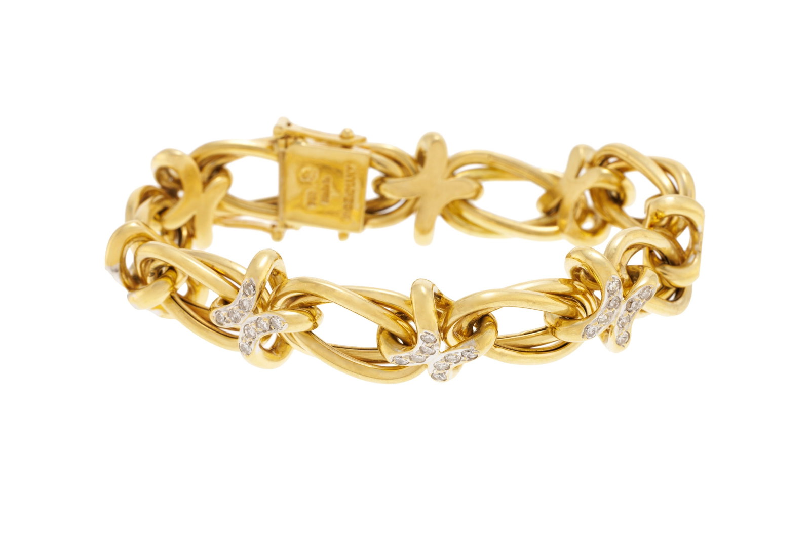 Bracelet 2 ors 750 à maillons doubles sertis de diamants taille 8/8, long. 17 cm, 44g: Bracelet 2 ors 750 à maillons doubles sertis de diamants taille 8/8, long. 17 cm, 44g Condition Bon état de conservation général. Présence de rayures et de légers signes