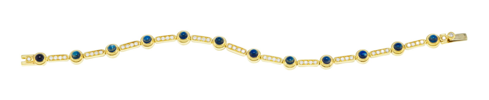 Bracelet or 750 serti de cabochons de saphirs alternés de lignes de diamants taille brillant, l: Bracelet or 750 serti de cabochons de saphirs alternés de lignes de diamants taille brillant, long. 16 cm, 12g Condition Monture: Bon état de conservation général. Présence