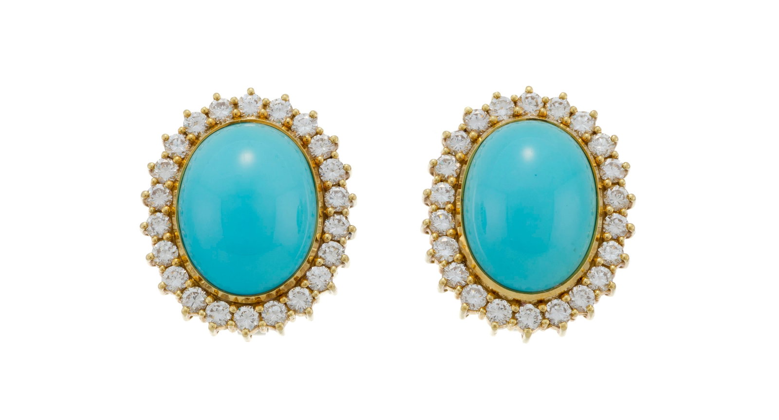 Paire de clips d'oreilles or 750 ornés de cabochons de turquoise entourés de diamants tail (1 of 4)