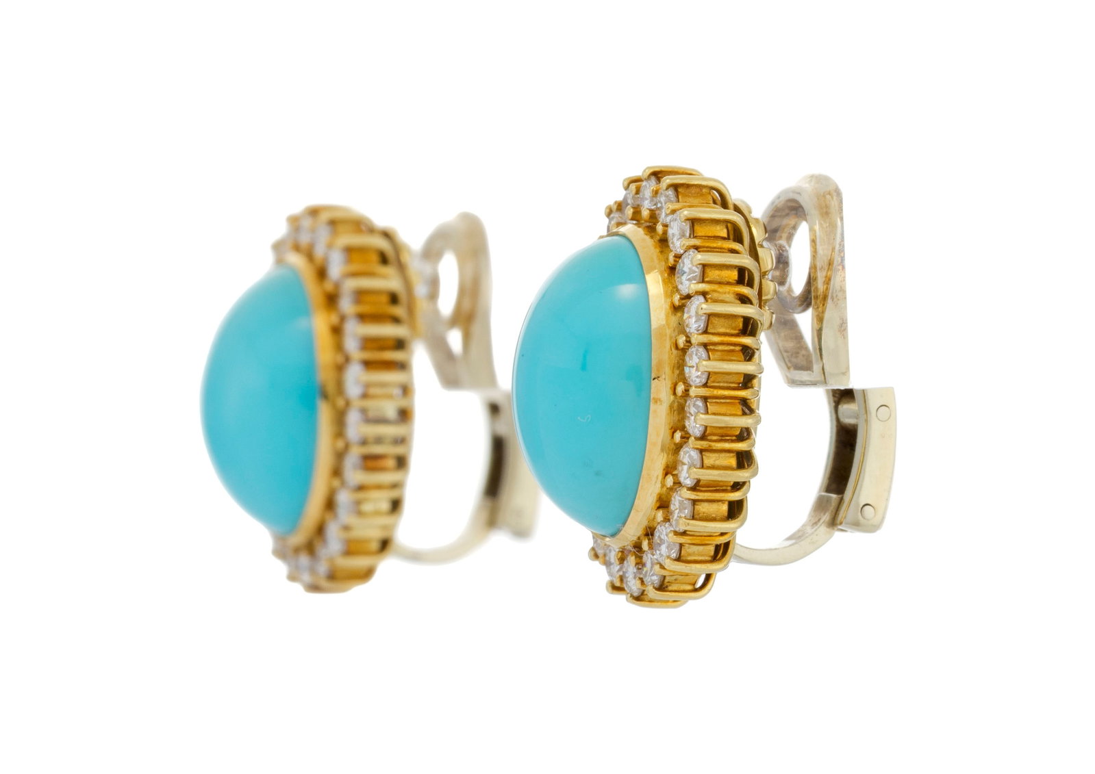 Paire de clips d'oreilles or 750 ornés de cabochons de turquoise entourés de diamants tail - 2