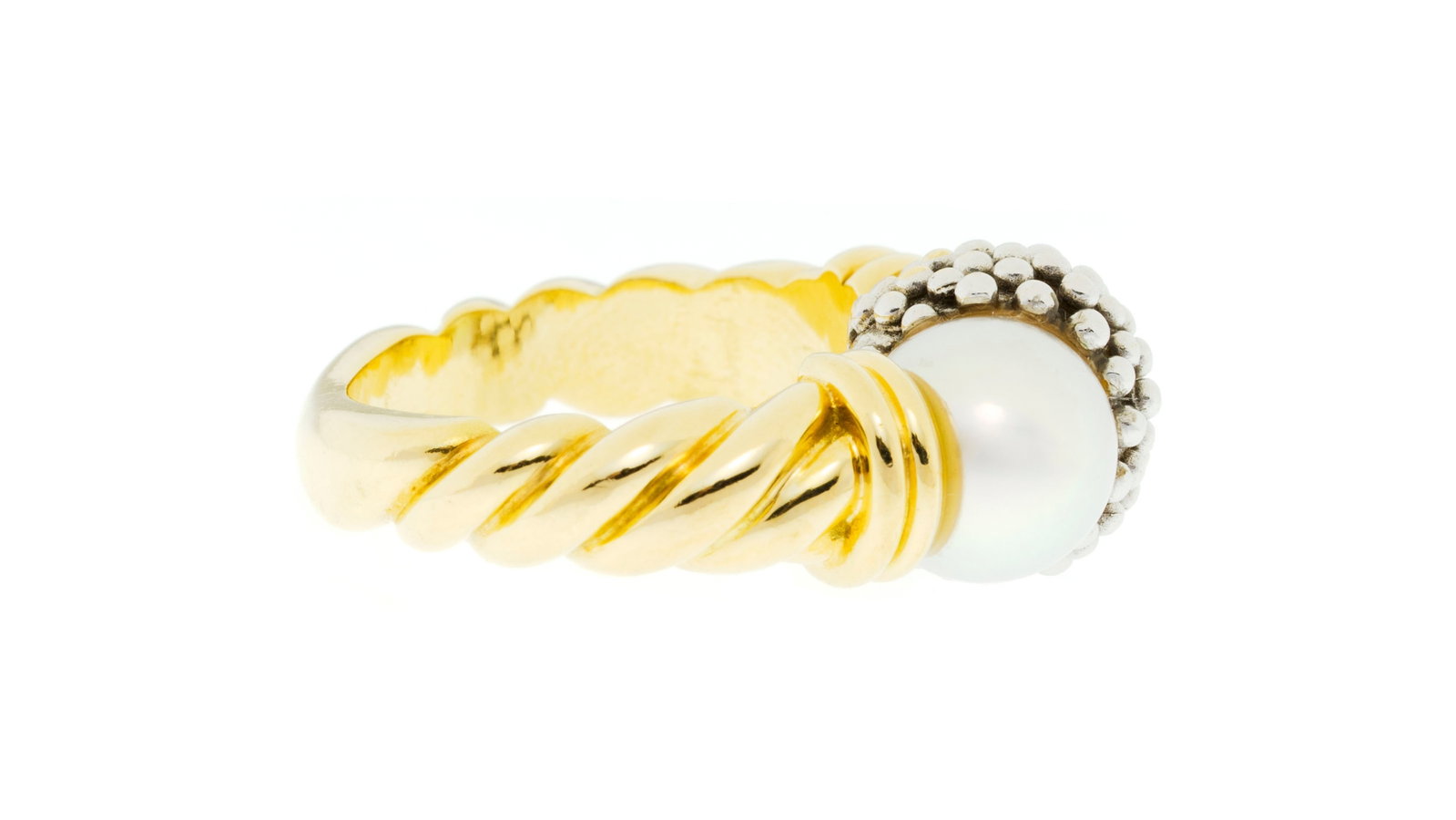 Bague 2 ors 750 effet torsadé ornée de deux perles de culture blanches espacées par u - 2