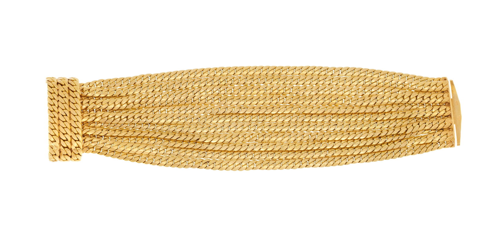 Bracelet or 750 brossé composé d'une multitude de chaînes à maille anglaise, lon: Bracelet or 750 brossé composé d'une multitude de chaînes à maille anglaise, long. 19 cm, 116g Condition Bon état de conservation général. Présence de rayures