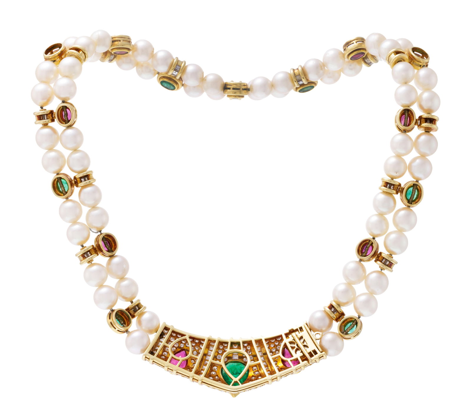 Collier composé de 2 rangs de perles de culture blanches alternées d'éléments en - 3