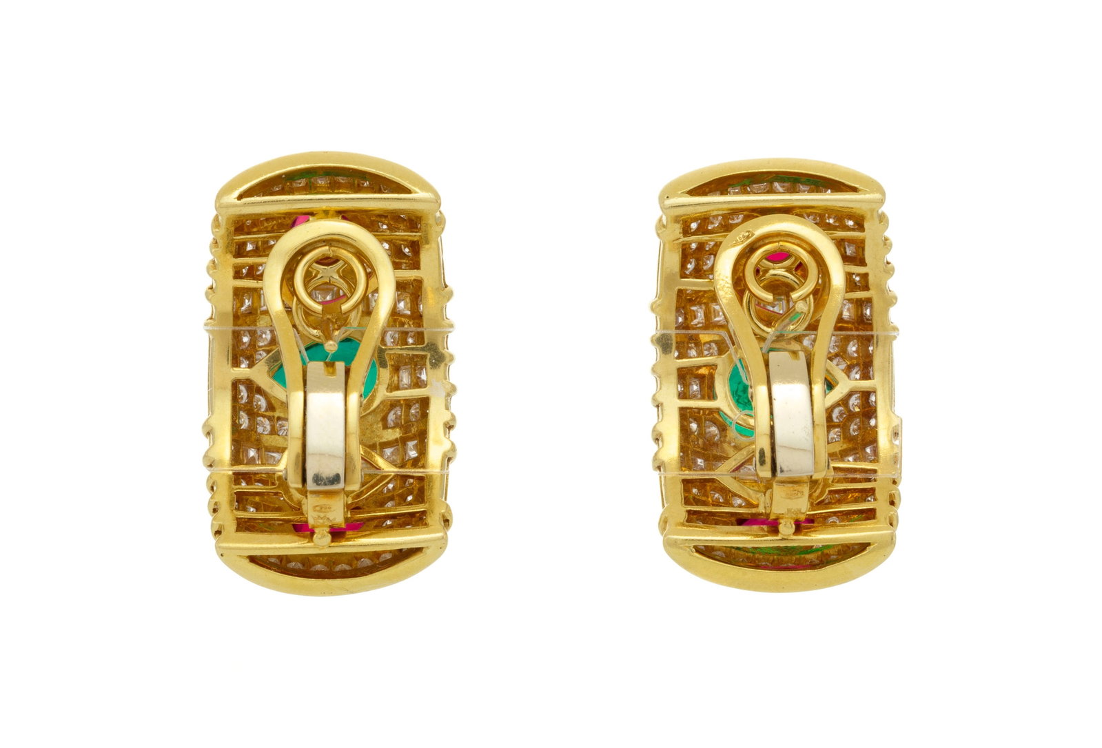 Paire de boucles d'oreilles or 750 serties d'émeraudes et de rubis piriformes sur des pavages d - 3