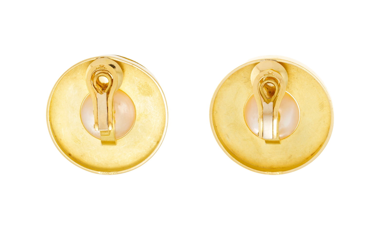 Paire de clips d'oreilles circulaires or 750 texturé centrant des perles Mabe en plastique, dia - 3