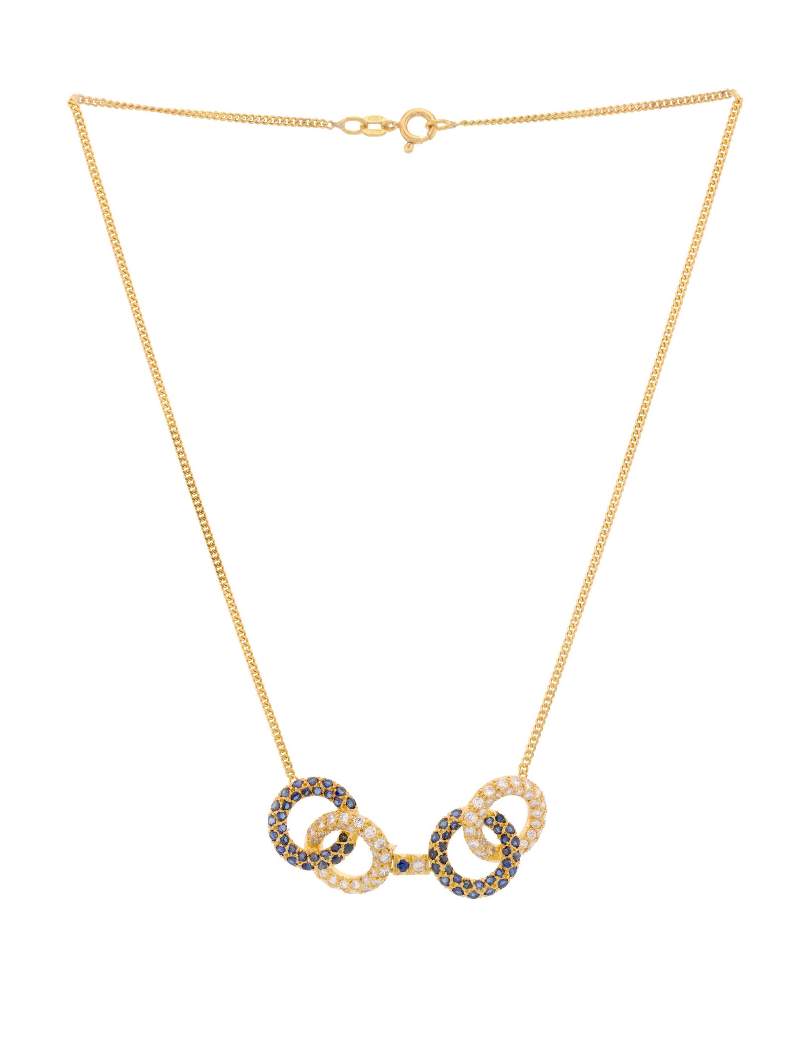 Collier or 750 à maille gourmette limée retenant un centre composé d'élémen: Collier or 750 à maille gourmette limée retenant un centre composé d'éléments circulaires sertis de saphirs et de diamants taille brillant, long. 35.5 cm, 11g Condition Bon &#