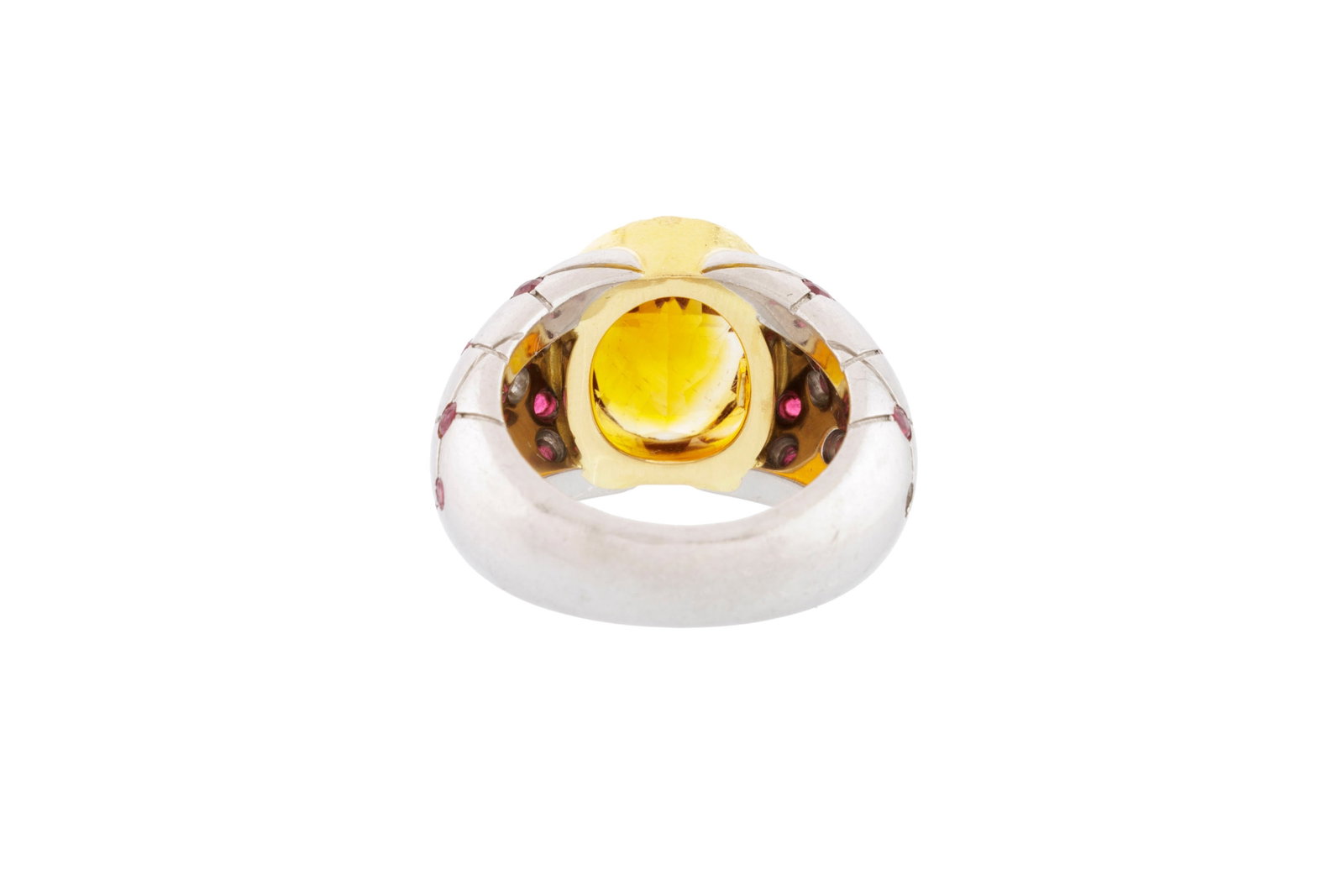 Bague platine et or 750 à motif quadrillé sertie d'une citrine facettée et de rubis t - 3